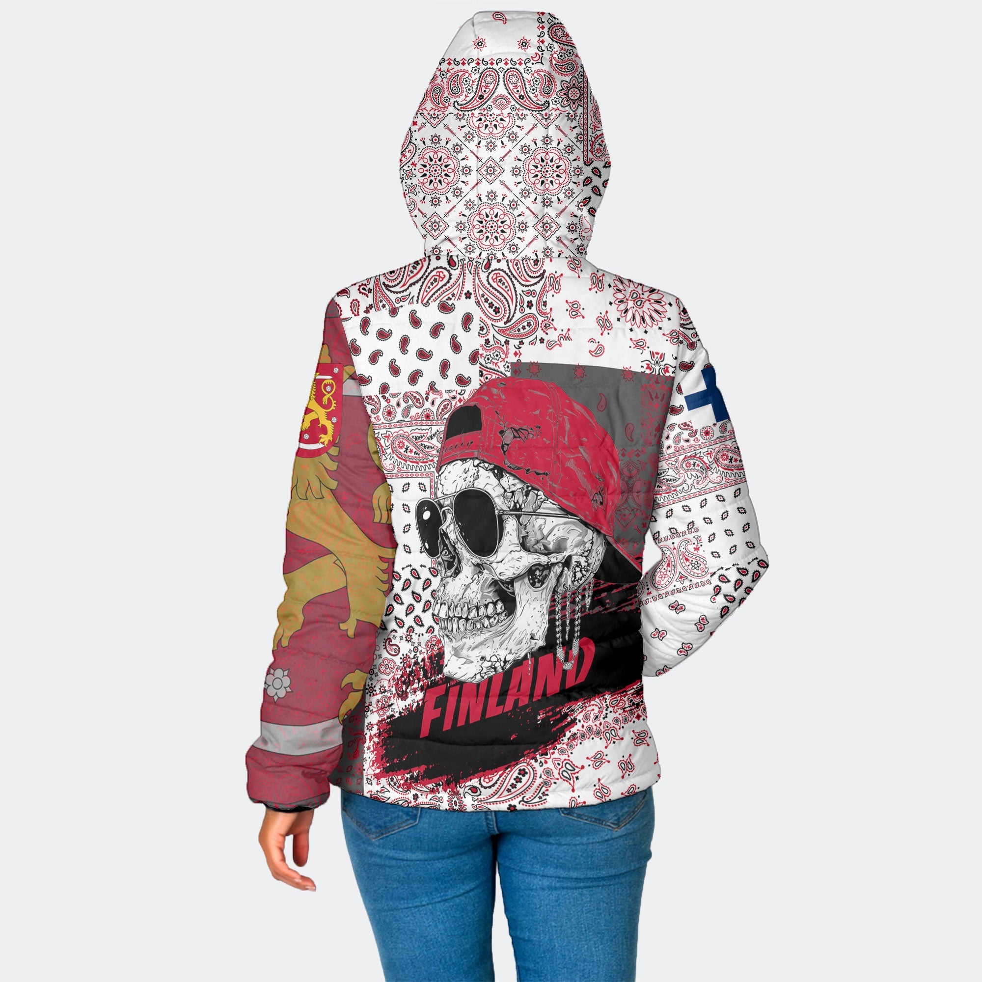 Finland Women Hooded Padded Jacket Paisley Flag And Skull Style 2