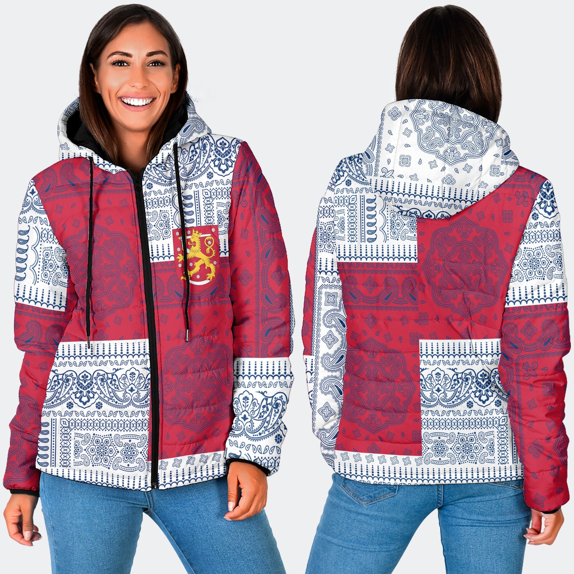 Finland Women Hooded Padded Jacket Flag And Paisley Basic Style 3