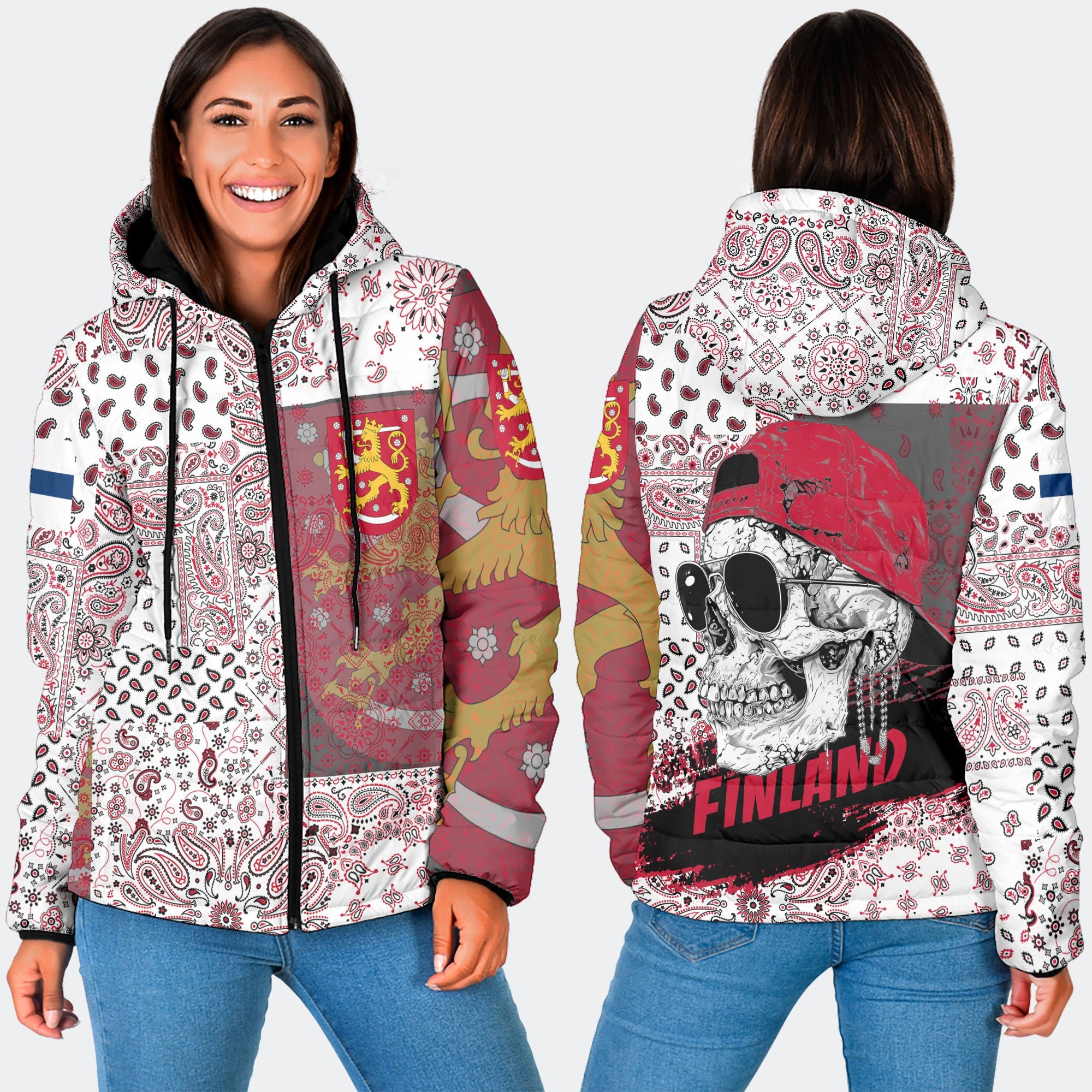 Finland Women Hooded Padded Jacket Paisley Flag And Skull Style 3