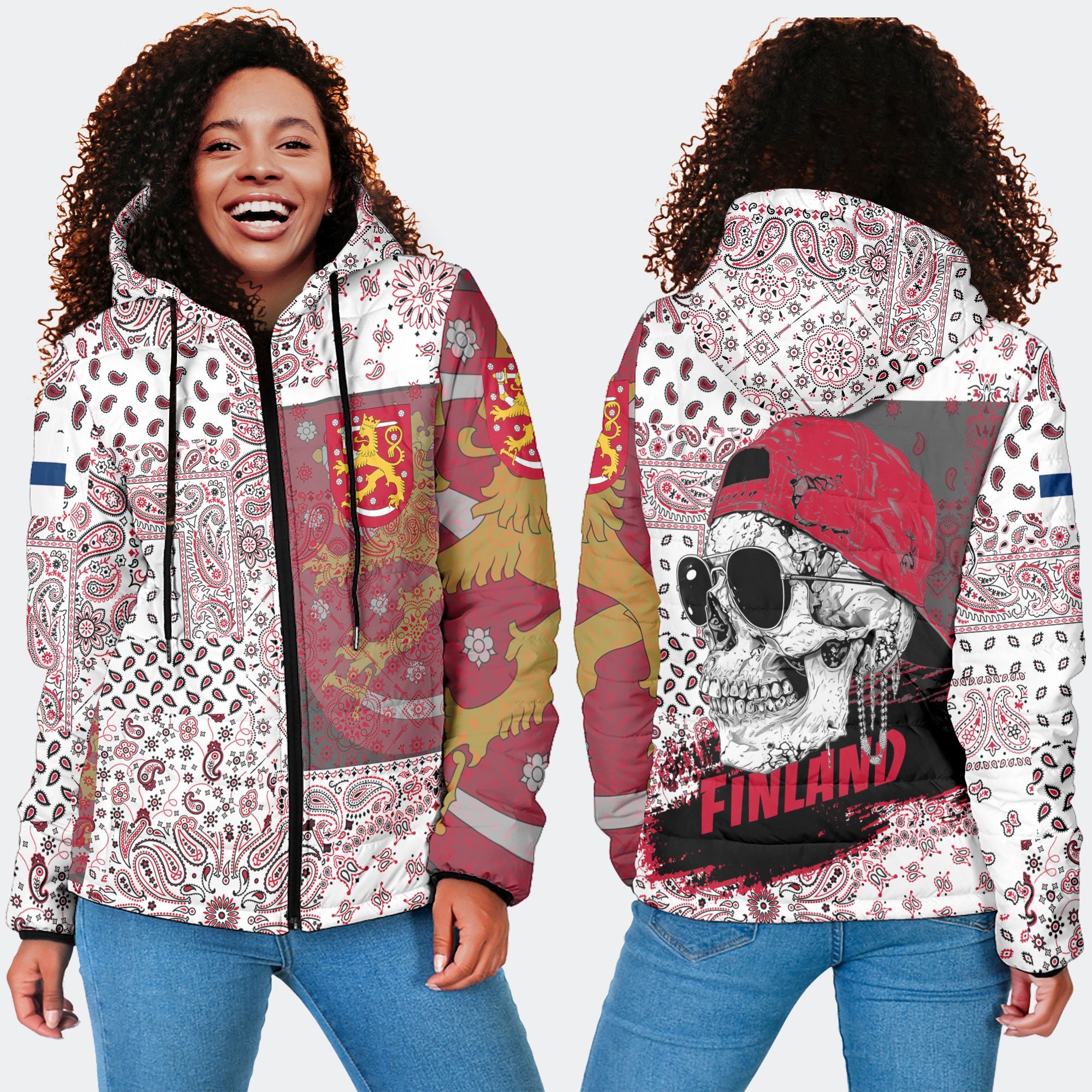 Finland Women Hooded Padded Jacket Paisley Flag And Skull Style 4