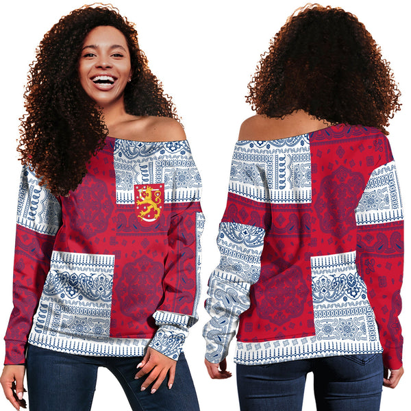 Finland Women Off Shoulder Sweatshirt Flag And Paisley Basic Style 1