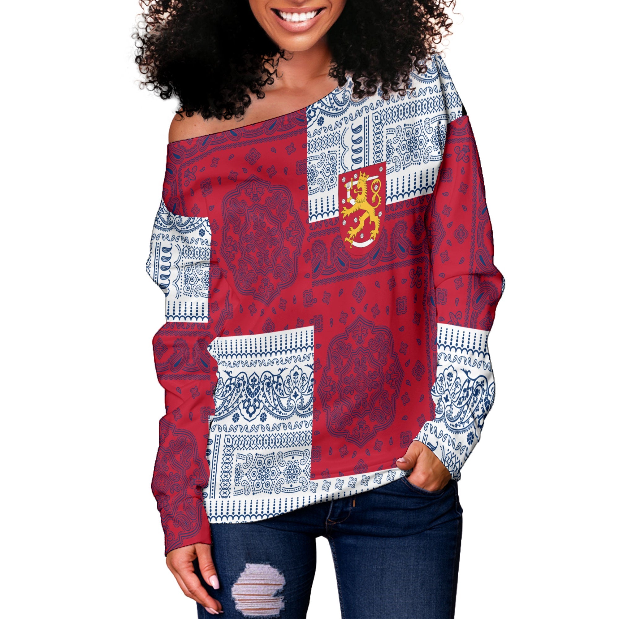 Finland Women Off Shoulder Sweatshirt Flag And Paisley Basic Style 2