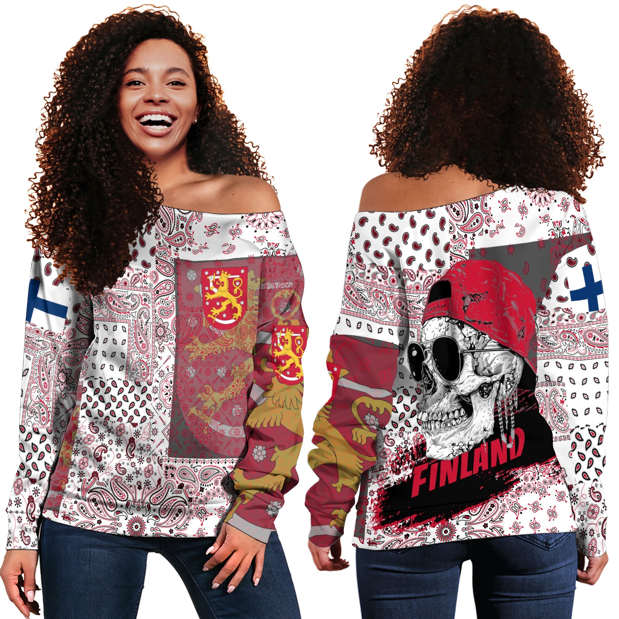 Finland Women Off Shoulder Sweatshirt Paisley Flag And Skull Style 1