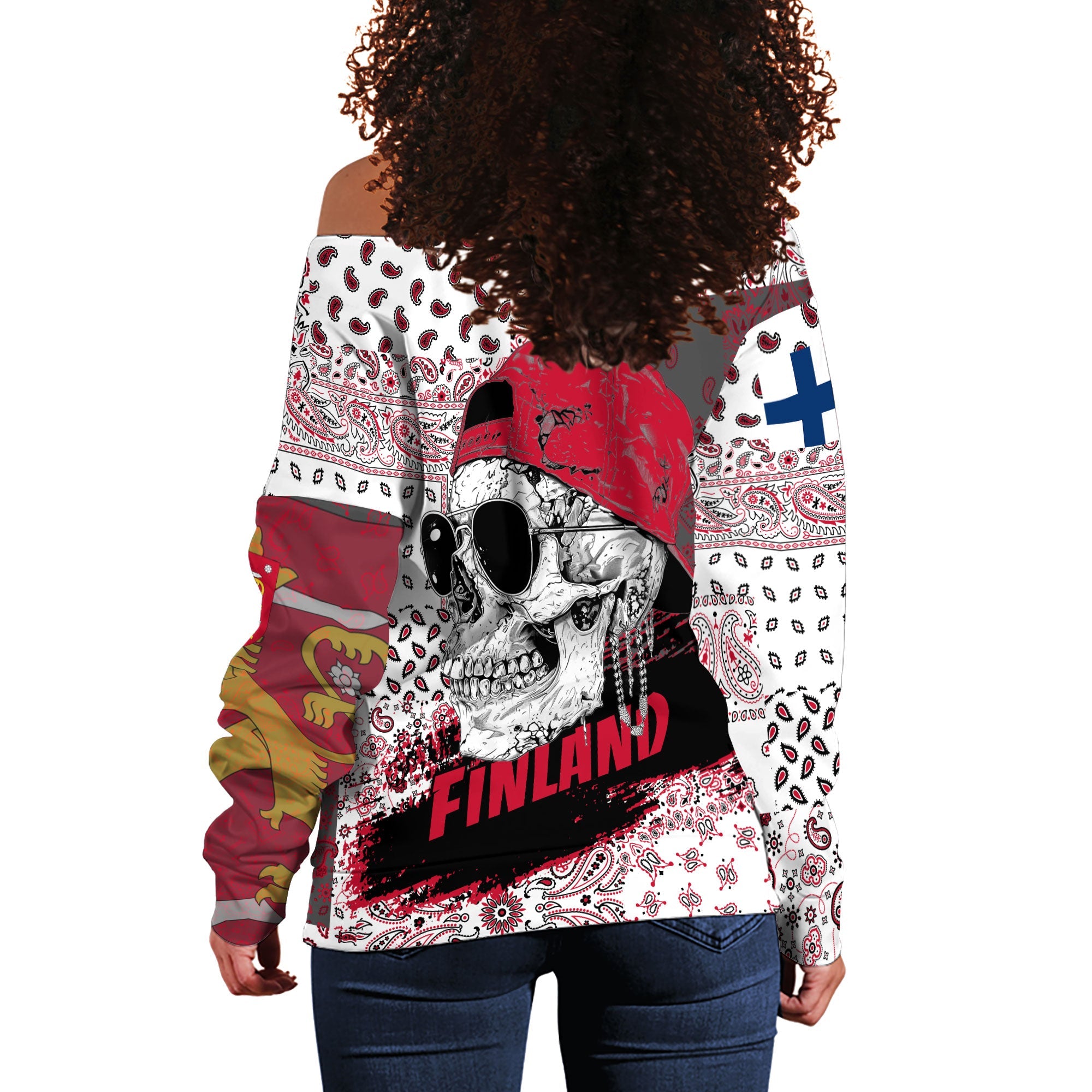 Finland Women Off Shoulder Sweatshirt Paisley Flag And Skull Style 3