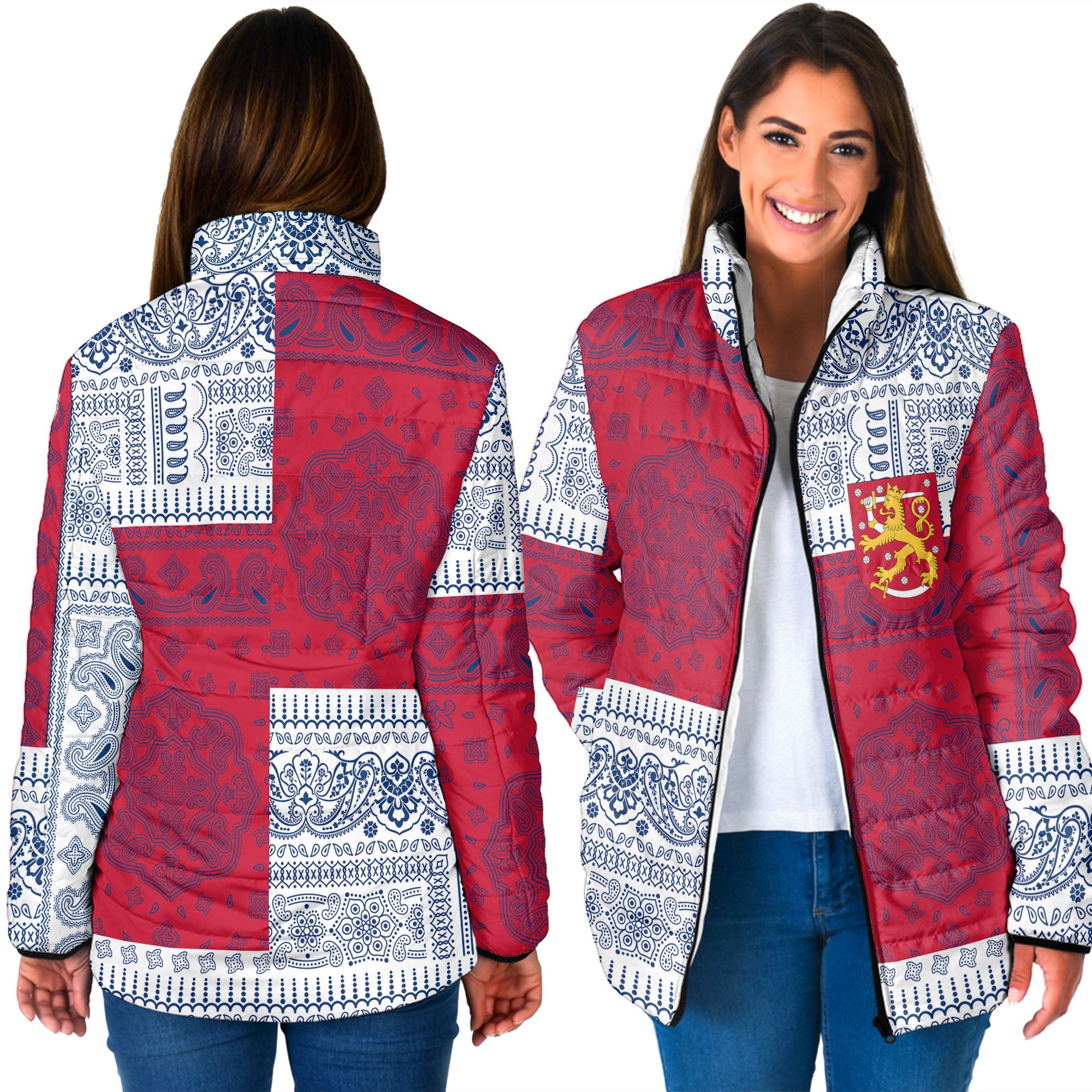 Finland Women Padded Jacket Flag And Paisley Basic Style 3