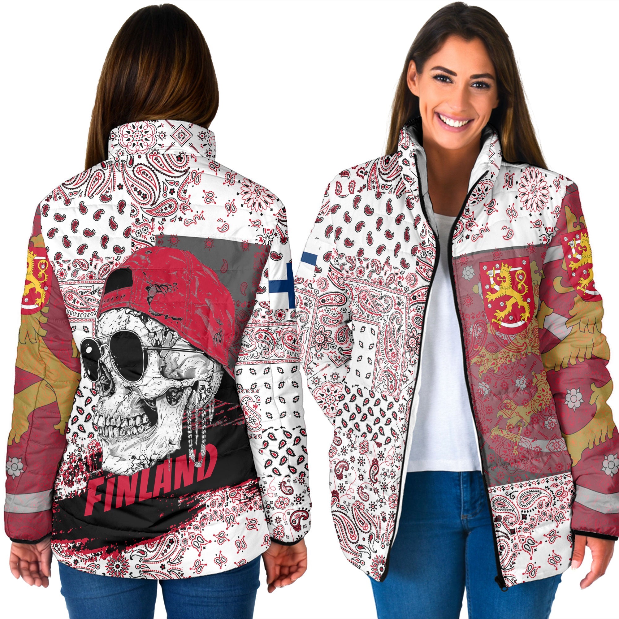 Finland Women Padded Jacket Paisley Flag And Skull Style 3