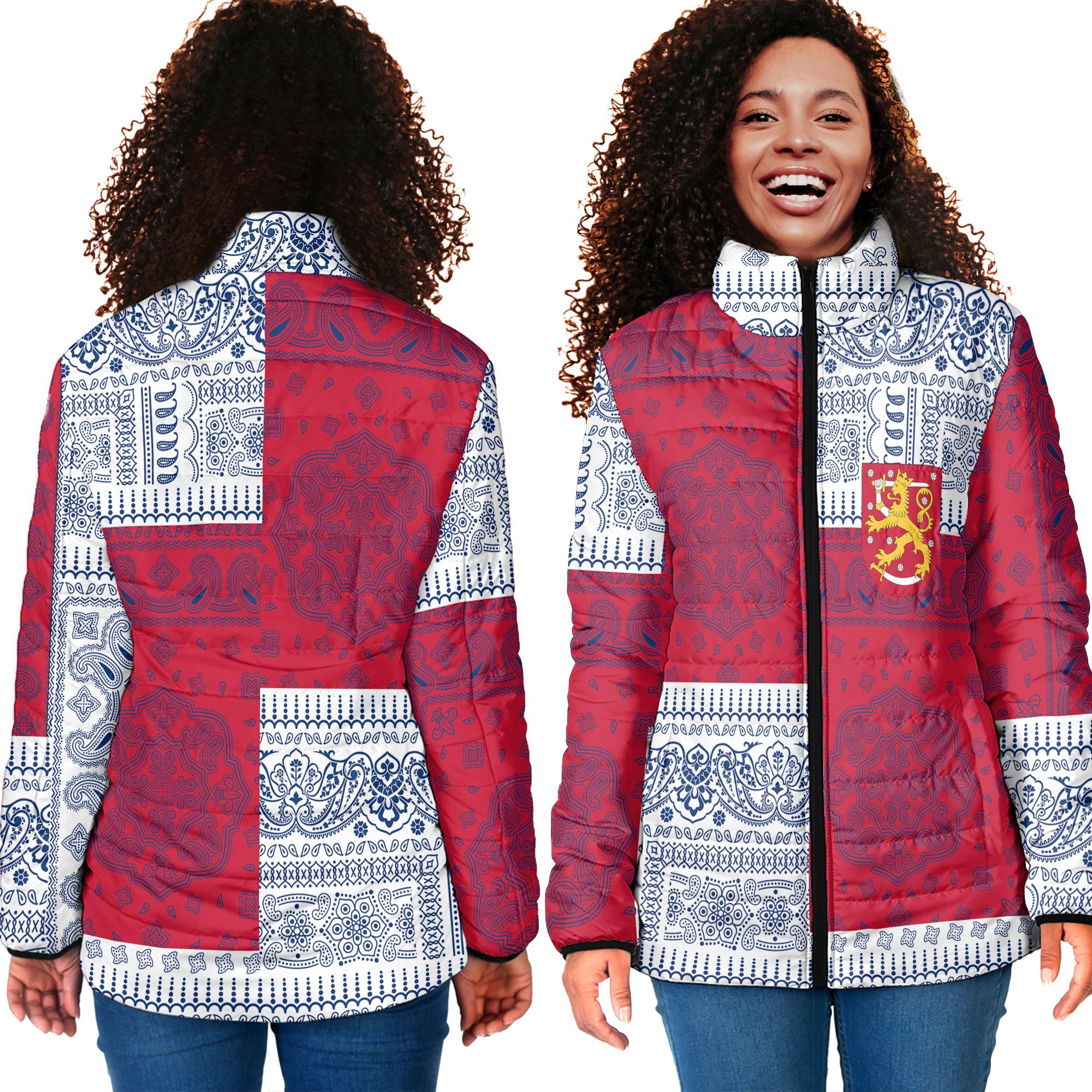 Finland Women Padded Jacket Flag And Paisley Basic Style 4