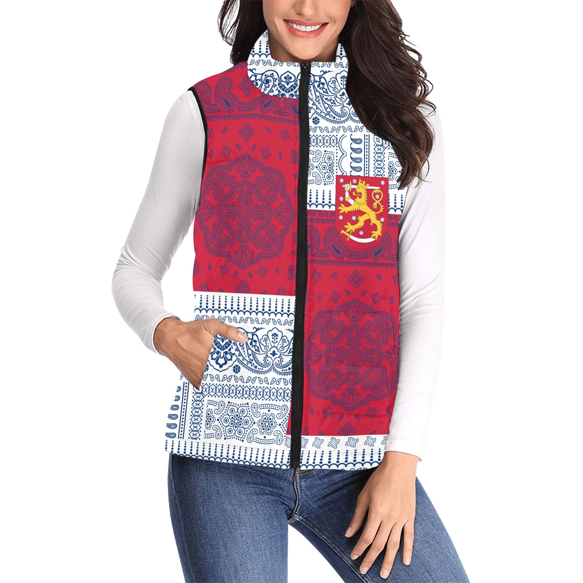 Finland Women Padded Jacket Vest Flag And Paisley Basic Style 1