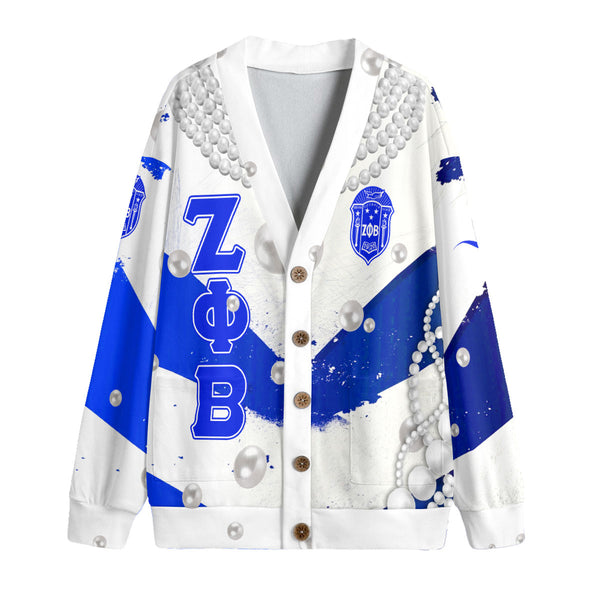 Sorority Cardigan - Zeta Phi Beta Pearls Knitted Fleece Cardigan