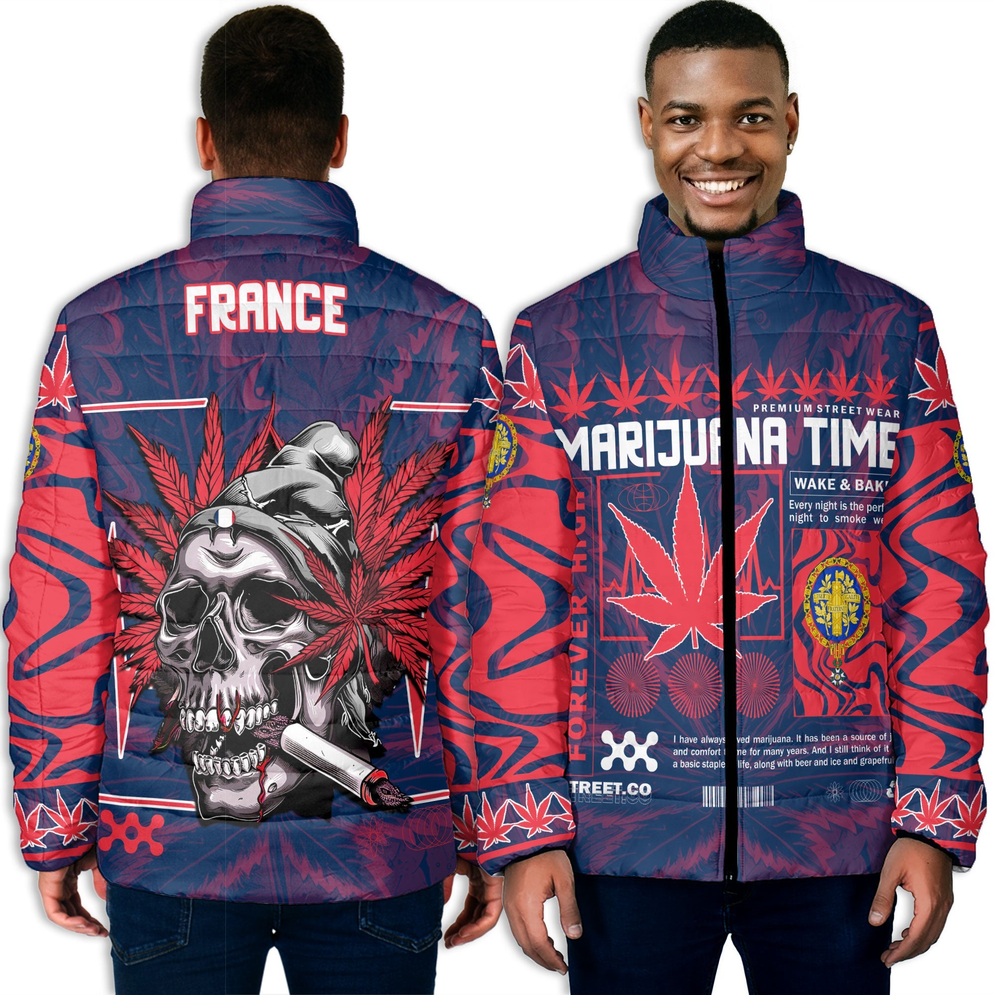 France Men Padded Jacket Flag & Coat Of Arms 1905-1953 Fire Marijuanas Style