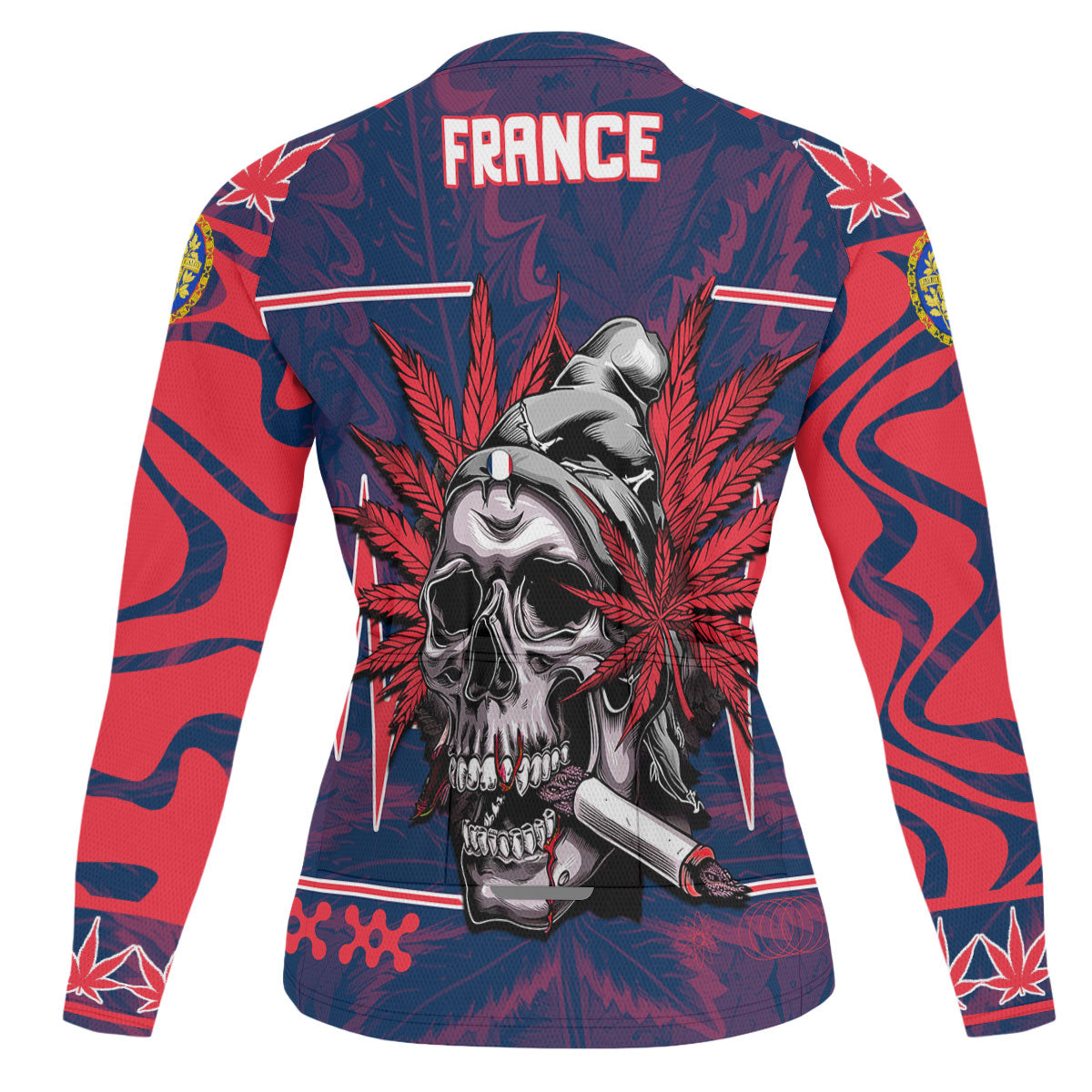 France Men's Cycling Jersey Long Sleeve Flag & Coat Of Arms 1905-1953 Fire Marijuanas Style