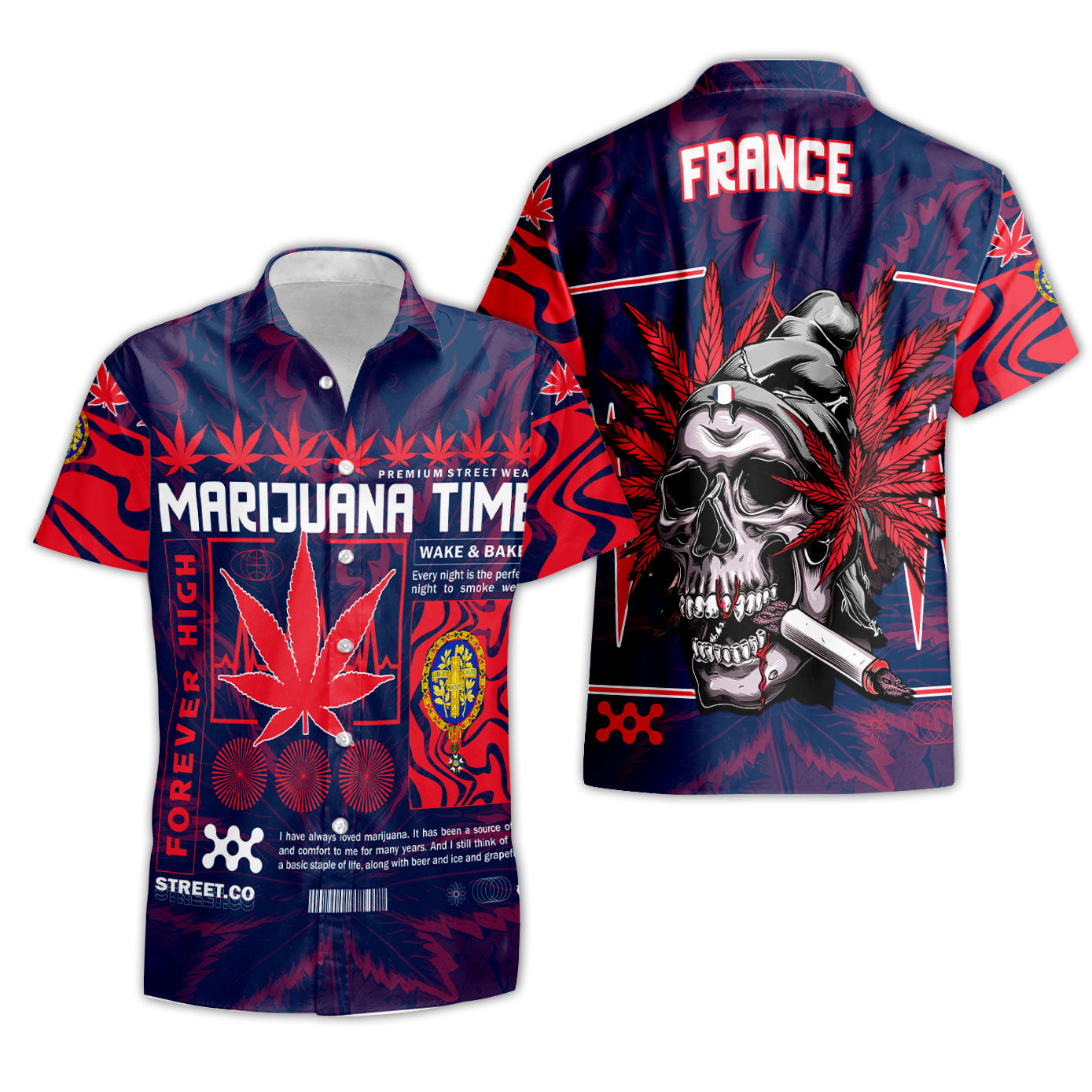 France Short Sleeve Shirt Flag & Coat Of Arms 1905-1953 Fire Marijuanas Style