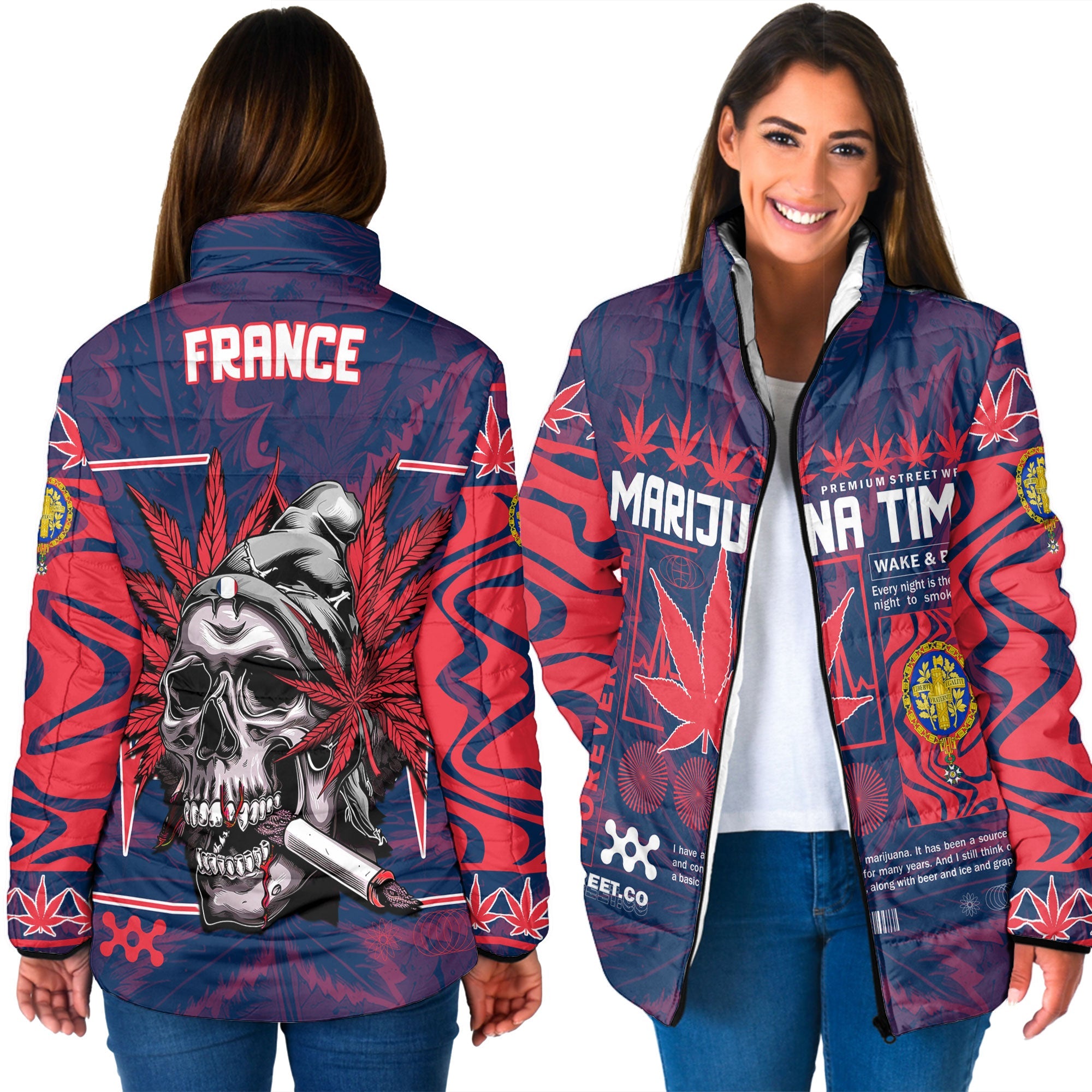 France Women Padded Jacket Flag & Coat Of Arms 1905-1953 Fire Marijuanas Style