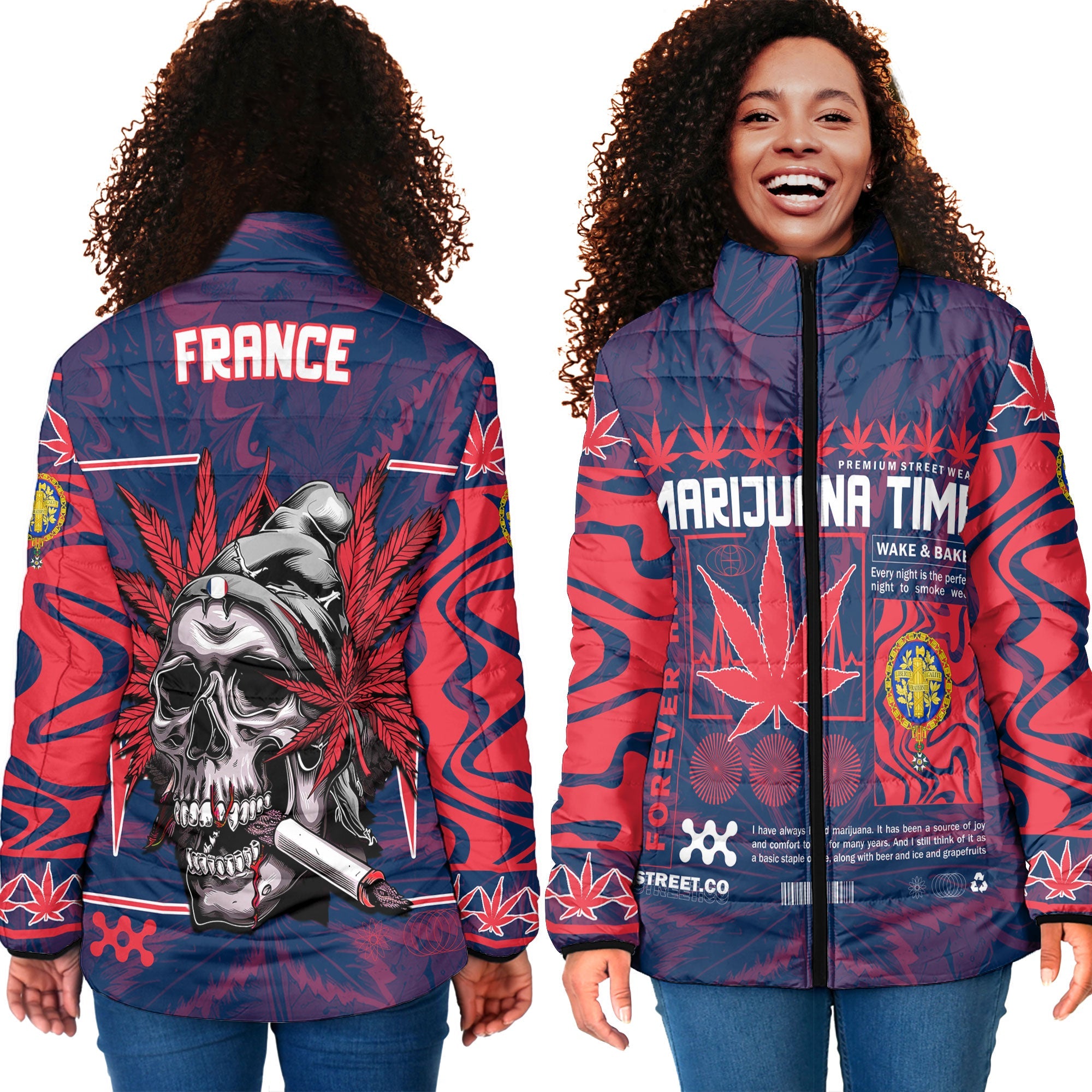 France Women Padded Jacket Flag & Coat Of Arms 1905-1953 Fire Marijuanas Style