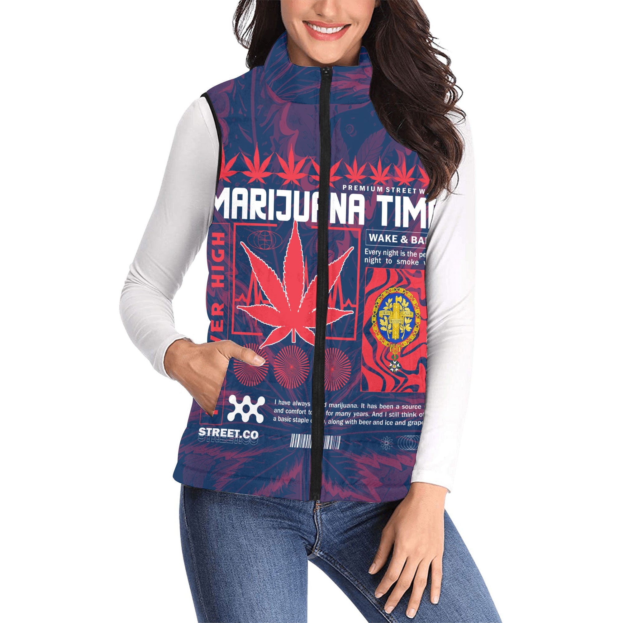 France Women Padded Jacket Vest Flag & Coat Of Arms 1905-1953 Fire Marijuanas Style