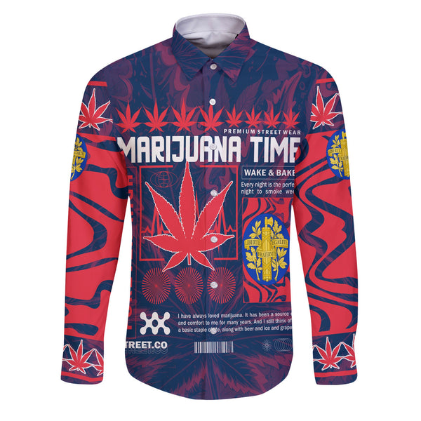 France Long Sleeve Button Shirt Flag & Coat Of Arms Marijuanas Style