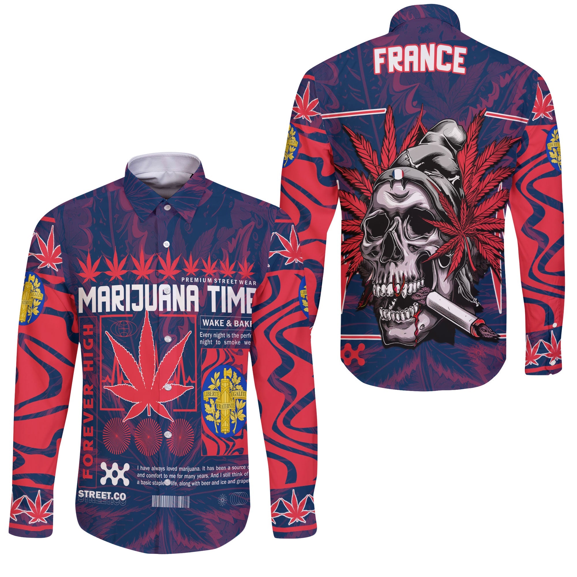 France Long Sleeve Button Shirt Flag & Coat Of Arms Marijuanas Style