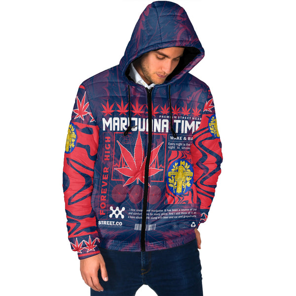 France Men Hooded Padded Jacket Flag & Coat Of Arms Marijuanas Style