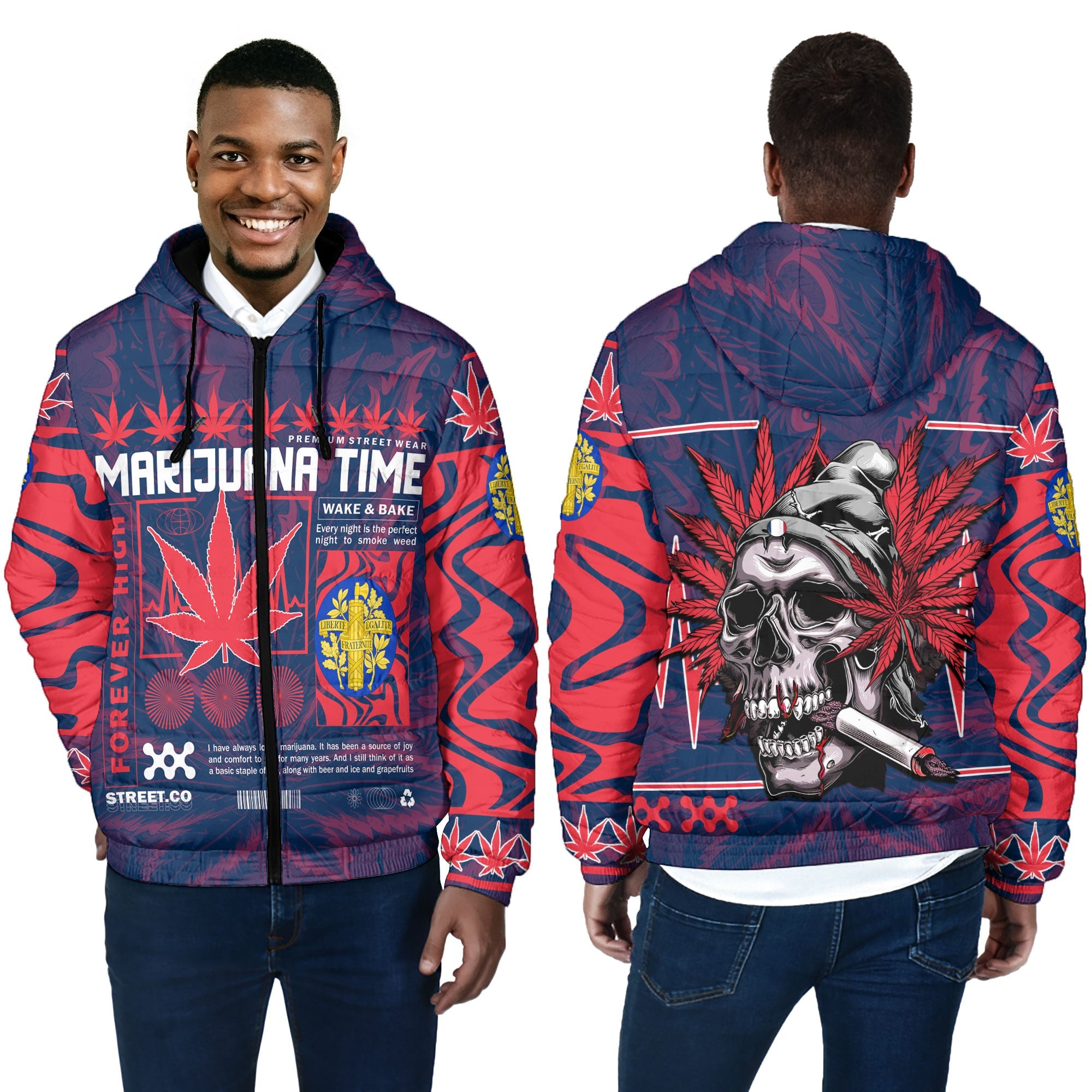 France Men Hooded Padded Jacket Flag & Coat Of Arms Marijuanas Style