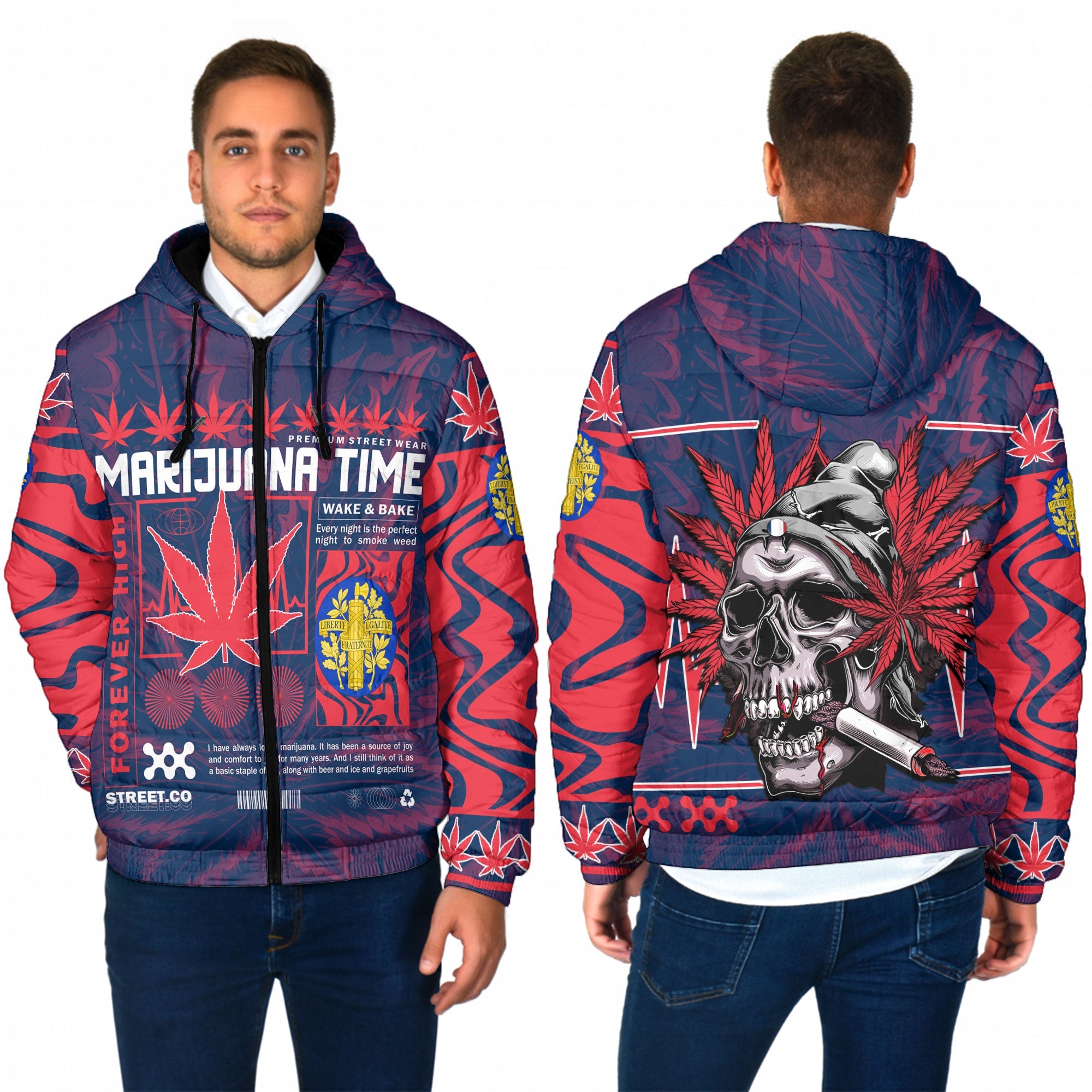 France Men Hooded Padded Jacket Flag & Coat Of Arms Marijuanas Style