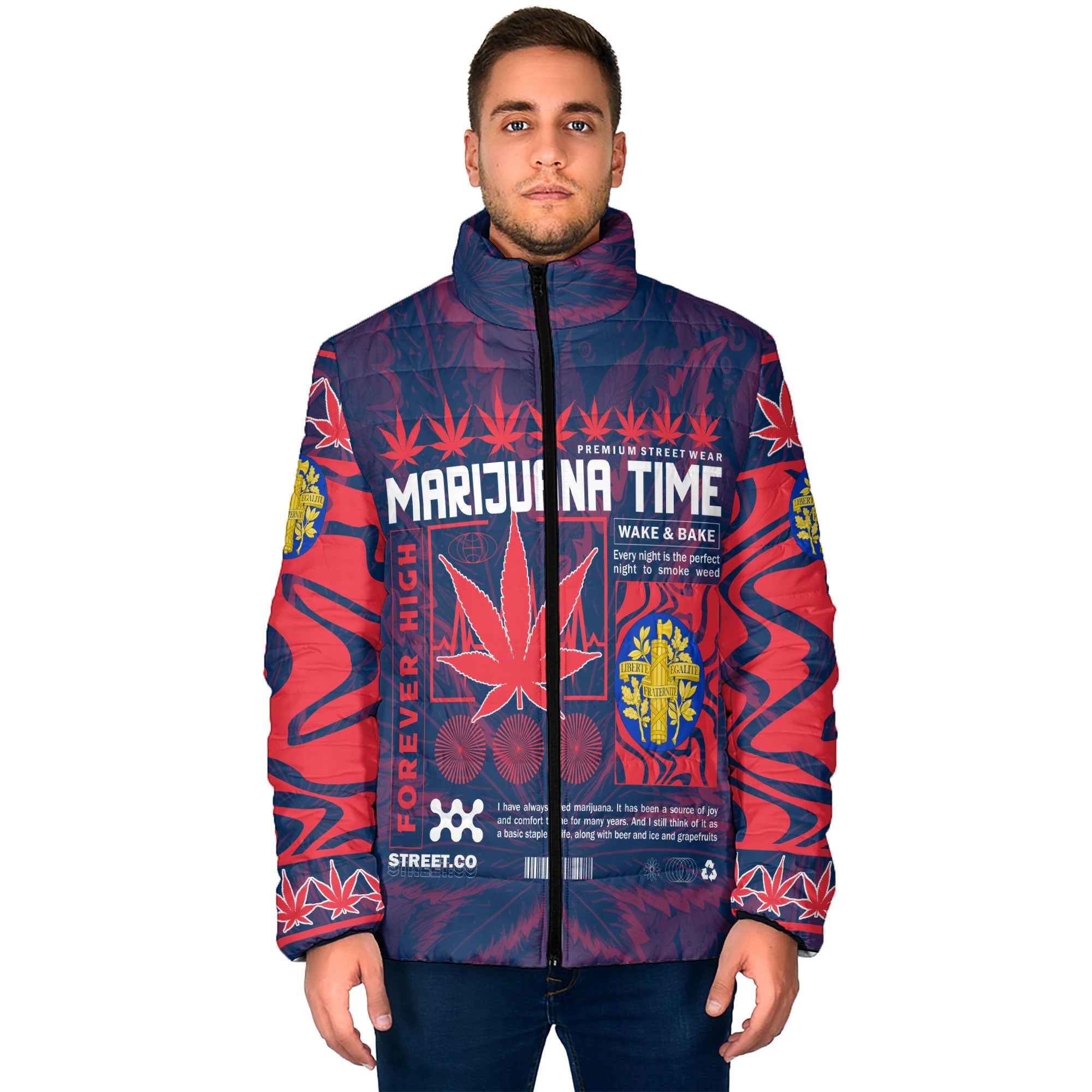 France Men Padded Jacket Flag & Coat Of Arms Marijuanas Style