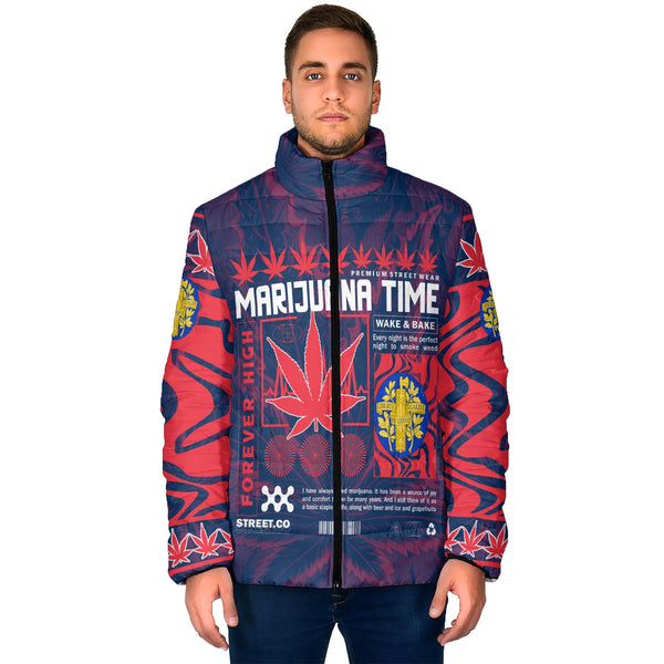 France Men Padded Jacket Flag & Coat Of Arms Marijuanas Style