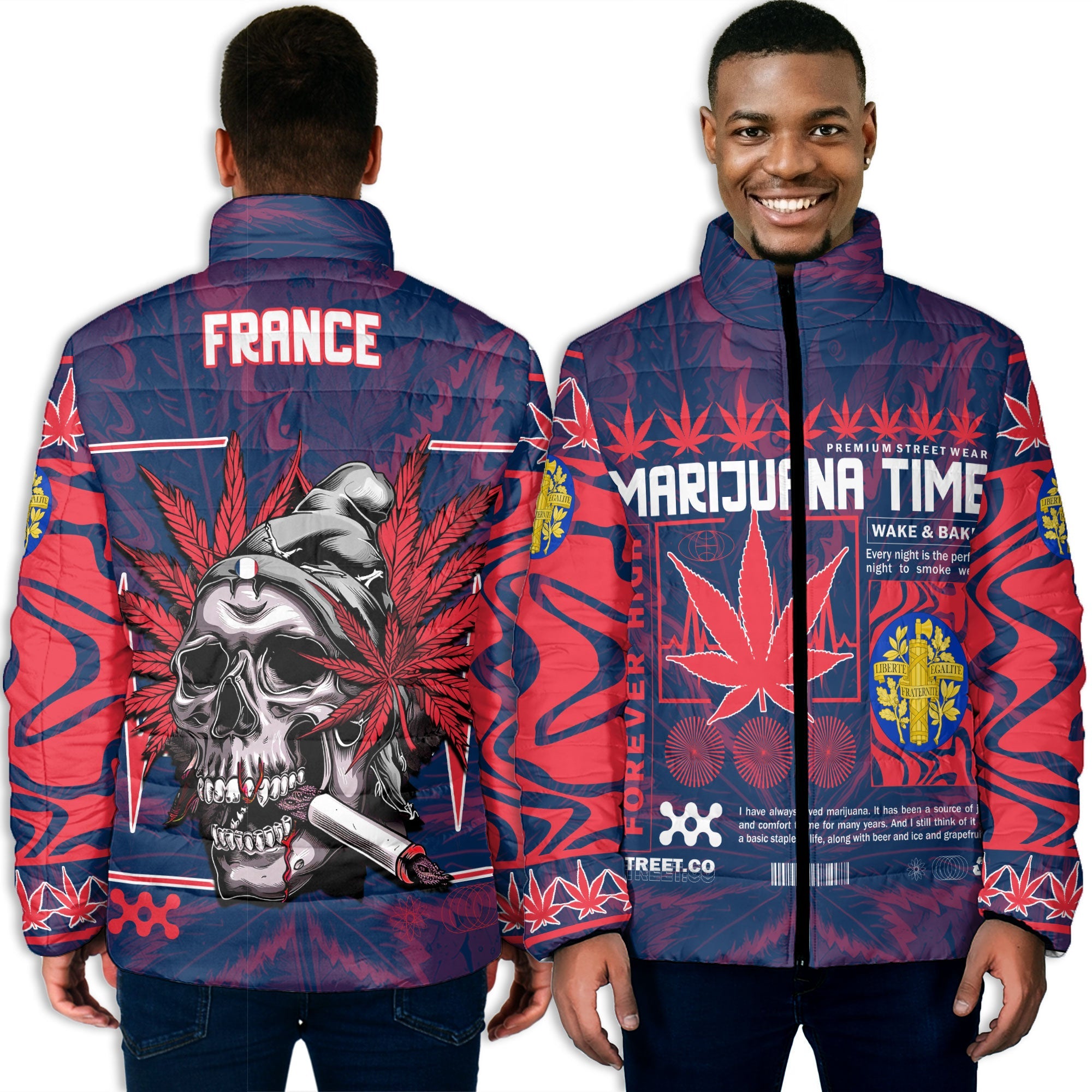 France Men Padded Jacket Flag & Coat Of Arms Marijuanas Style