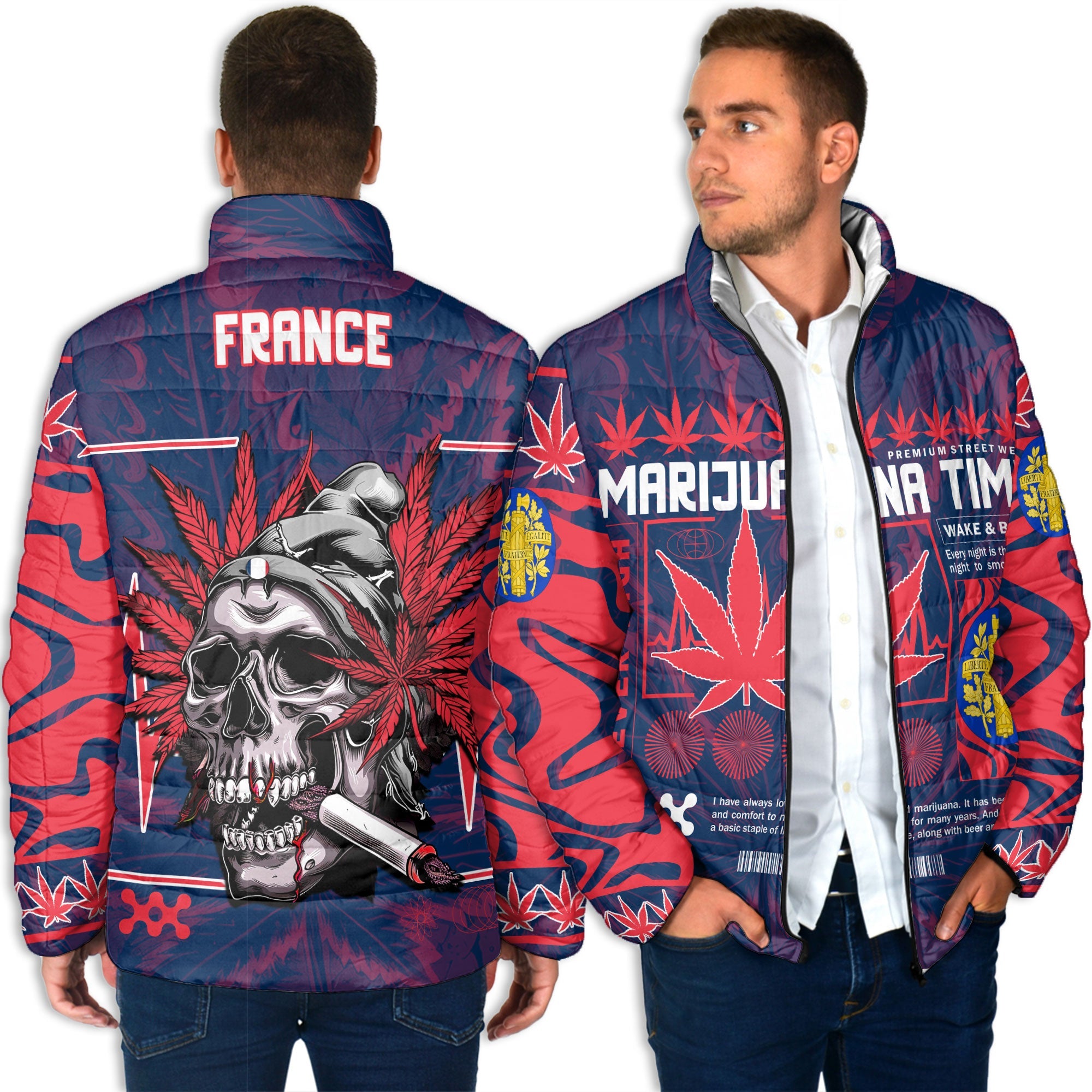 France Men Padded Jacket Flag & Coat Of Arms Marijuanas Style