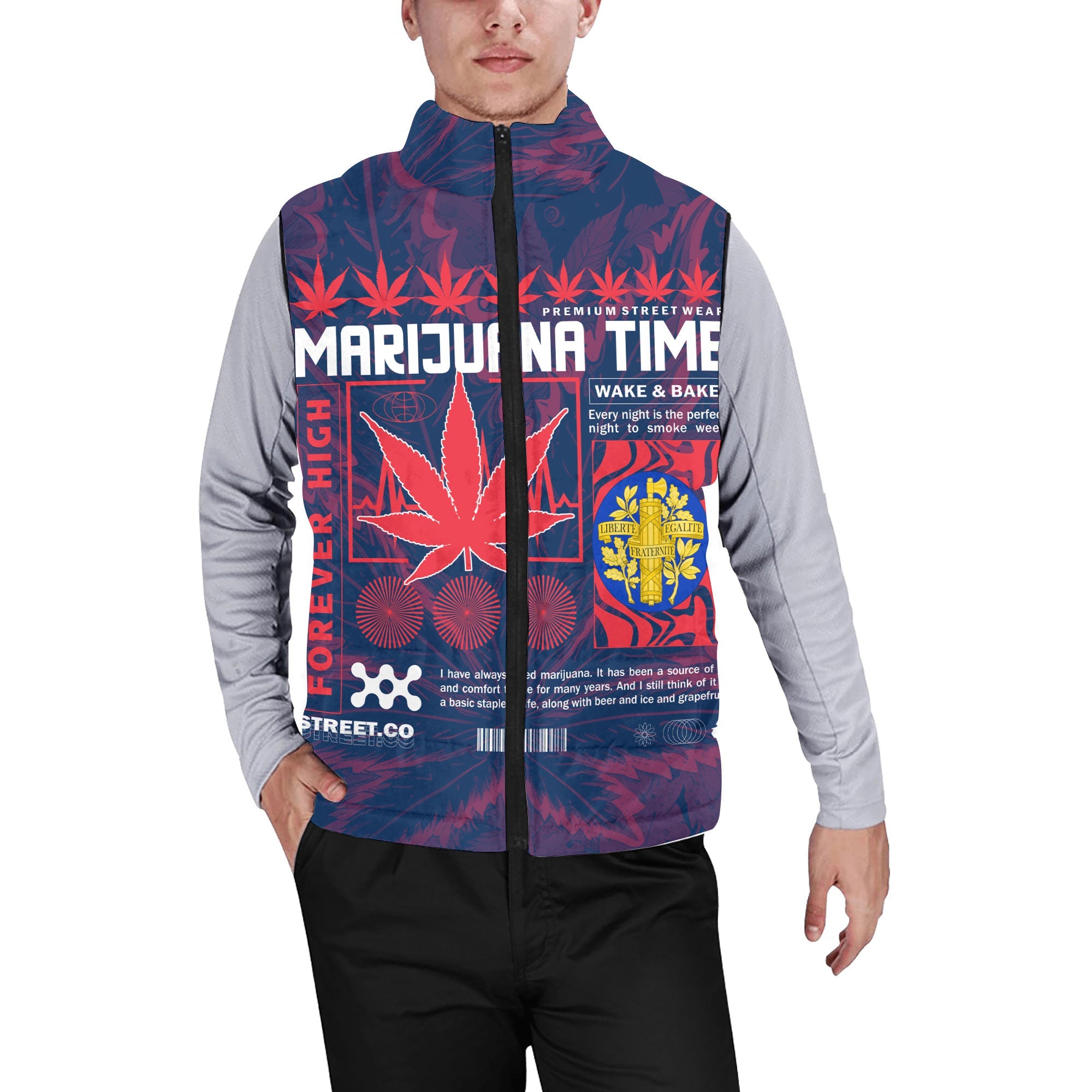 France Men Padded Jacket Vest Flag & Coat Of Arms Marijuanas Style