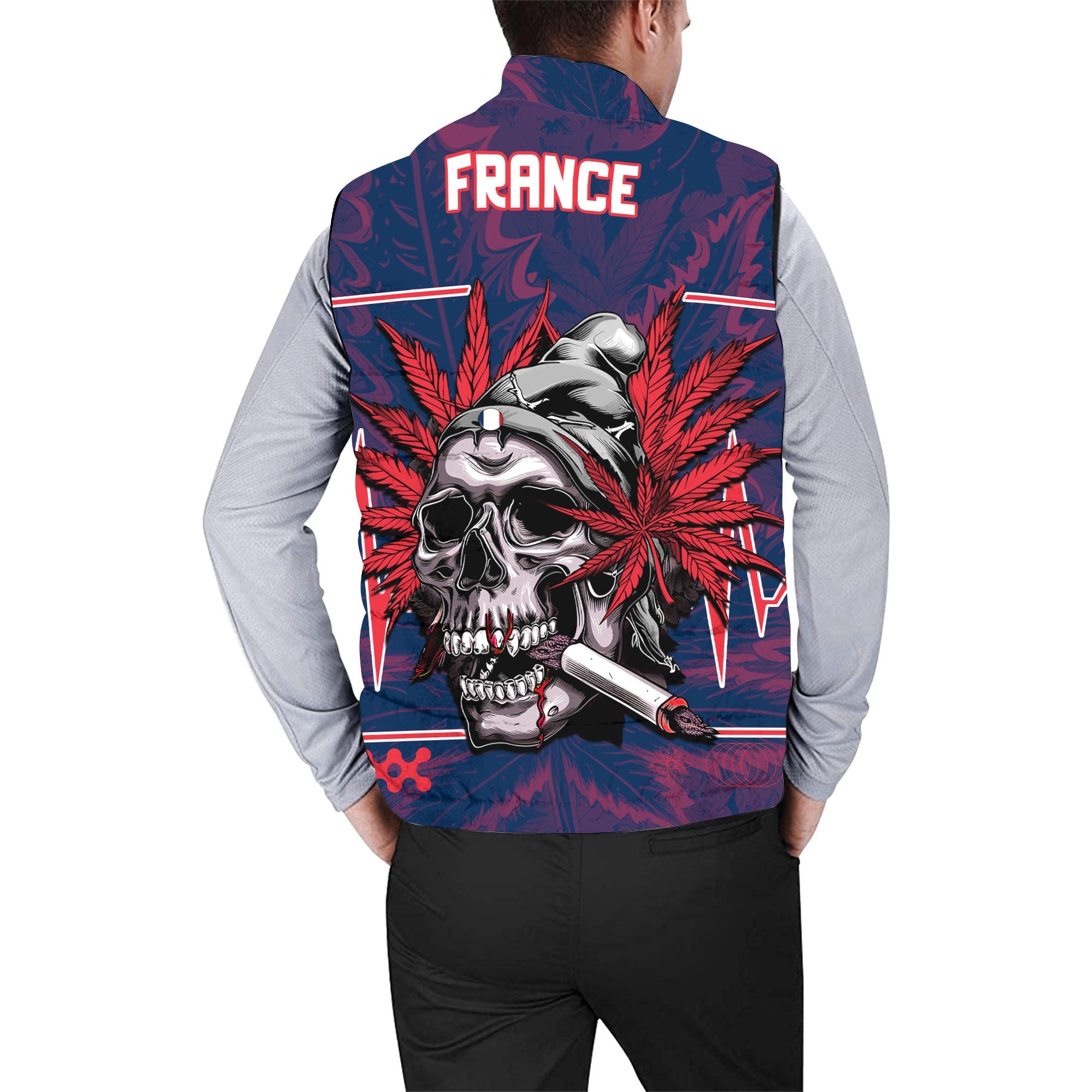 France Men Padded Jacket Vest Flag & Coat Of Arms Marijuanas Style