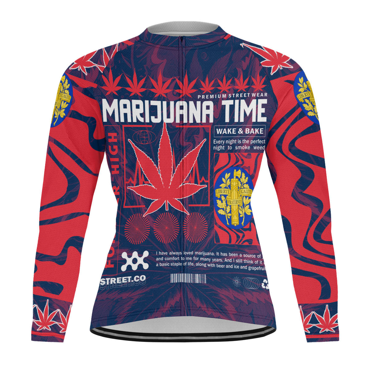 France Men's Cycling Jersey Long Sleeve Flag & Coat Of Arms Marijuanas Style