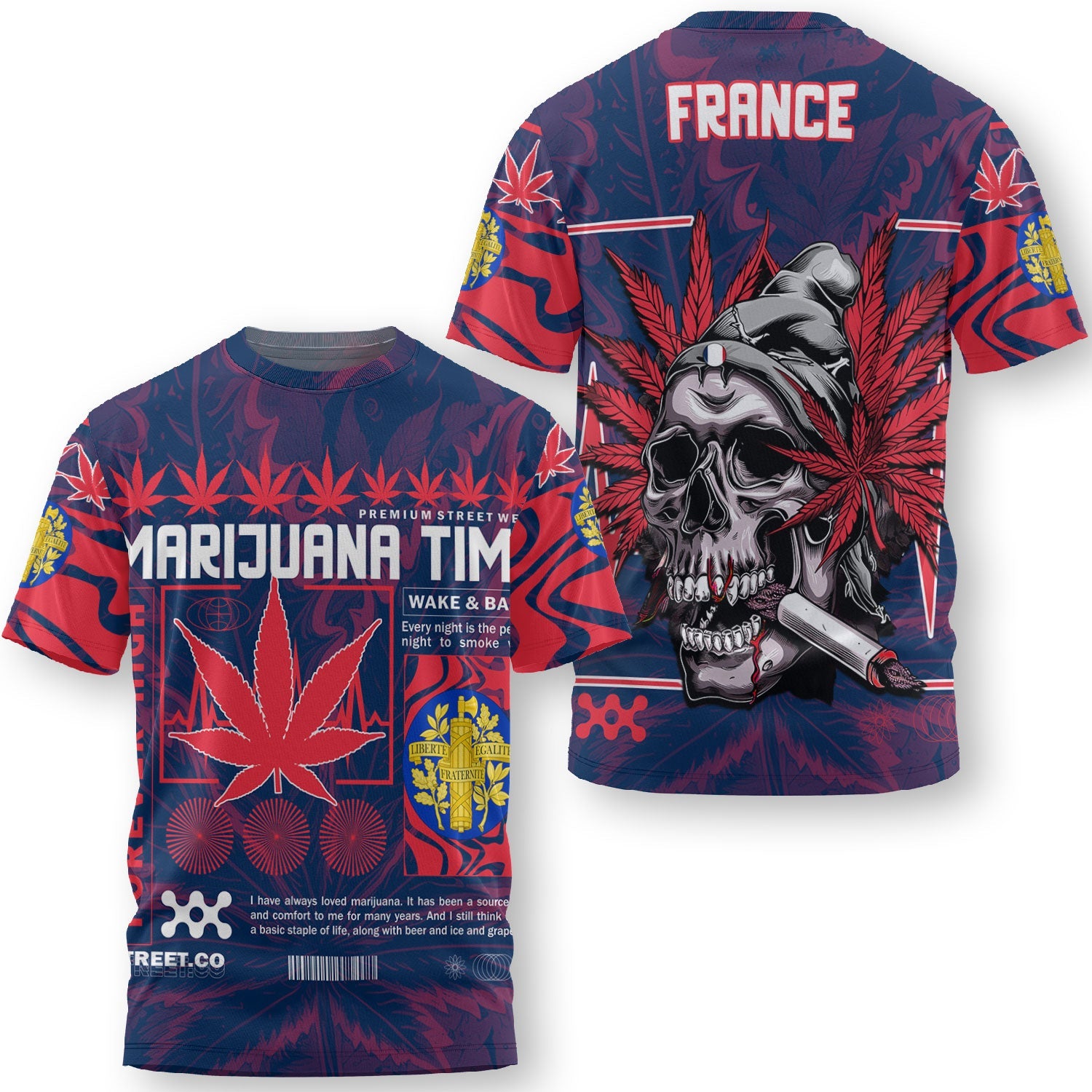 France T Shirt Flag & Coat Of Arms Marijuanas Style