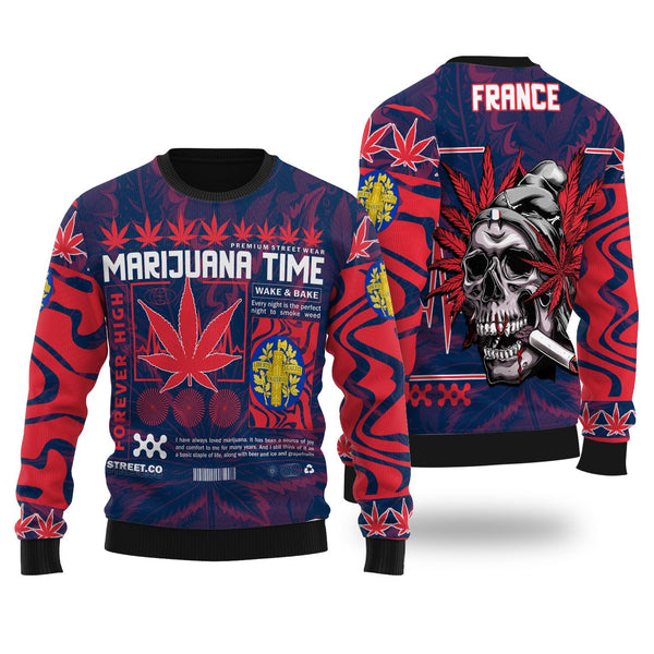 France Ugly Sweater Flag & Coat Of Arms Marijuanas Style