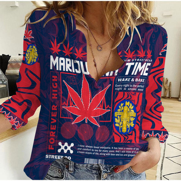 France Women Casual Shirt Flag & Coat Of Arms Marijuanas Style