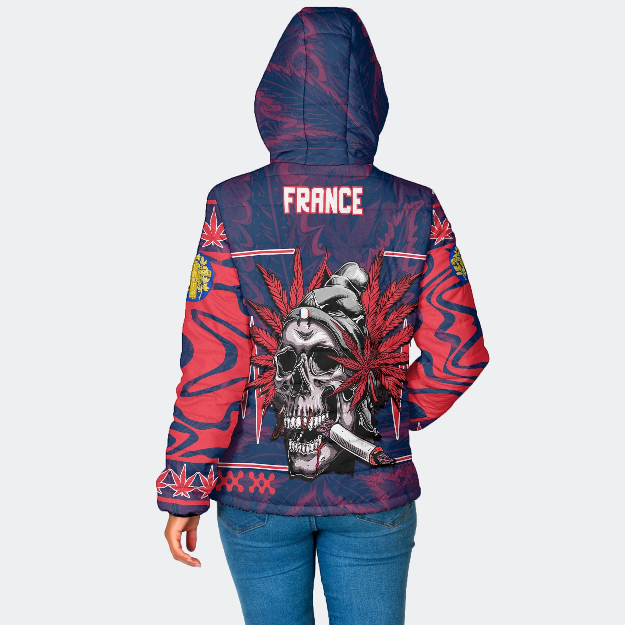 France Women Hooded Padded Jacket Flag & Coat Of Arms Marijuanas Style