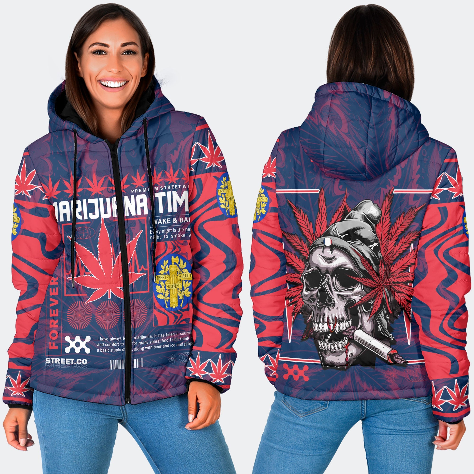 France Women Hooded Padded Jacket Flag & Coat Of Arms Marijuanas Style