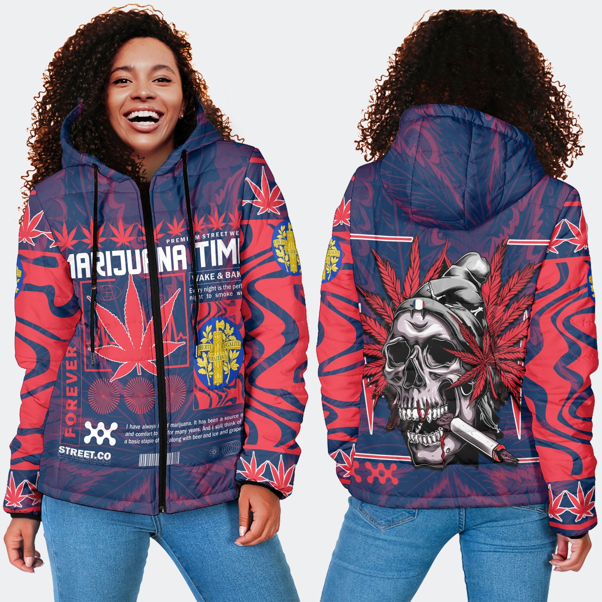 France Women Hooded Padded Jacket Flag & Coat Of Arms Marijuanas Style