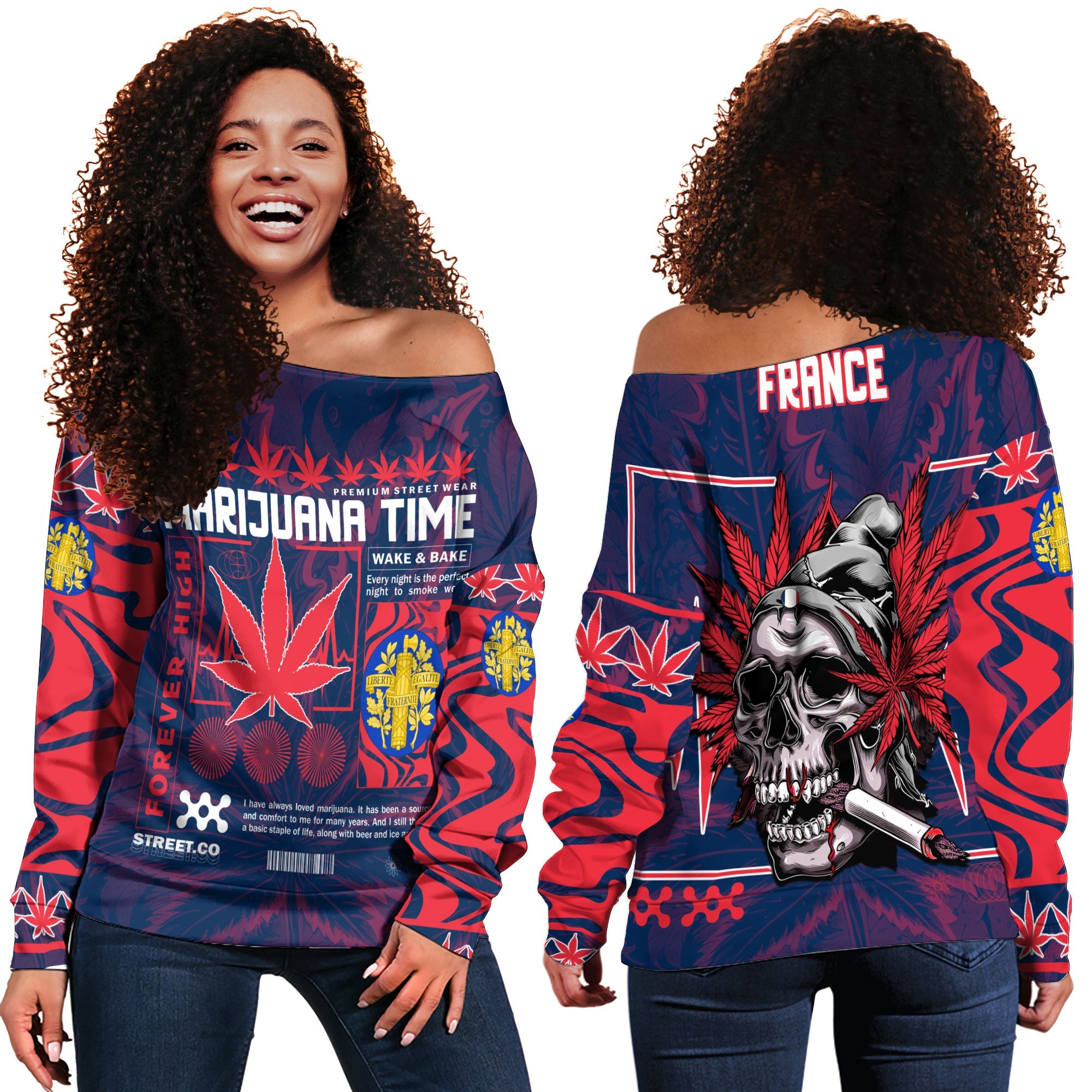 France Women Off Shoulder Sweatshirt Flag & Coat Of Arms Marijuanas Style