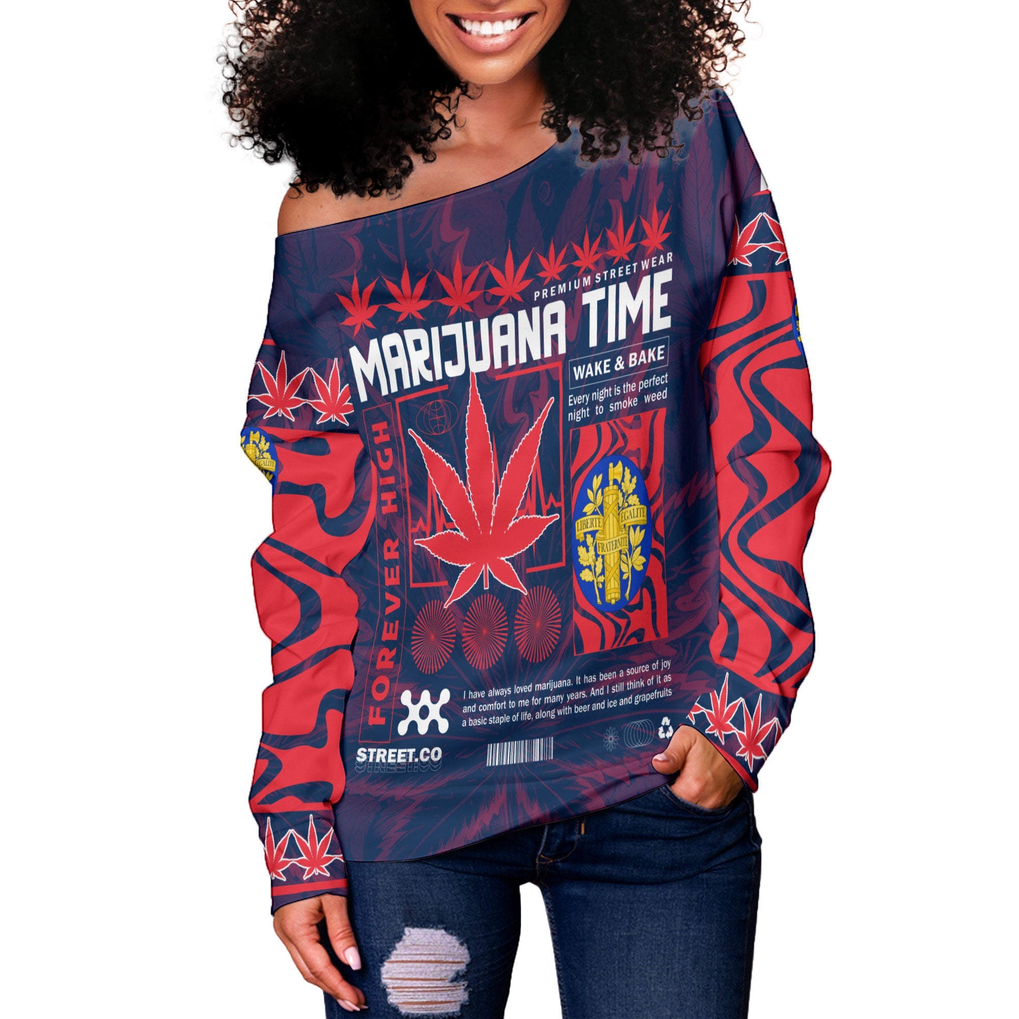 France Women Off Shoulder Sweatshirt Flag & Coat Of Arms Marijuanas Style