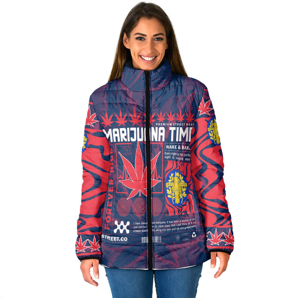 France Women Padded Jacket Flag & Coat Of Arms Marijuanas Style