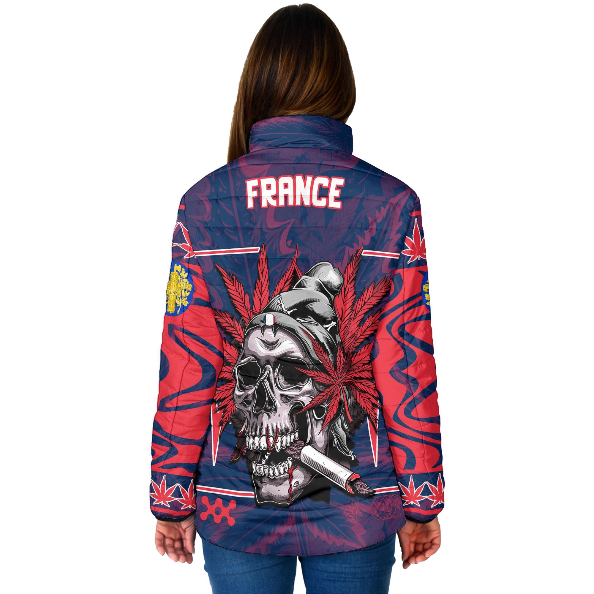 France Women Padded Jacket Flag & Coat Of Arms Marijuanas Style