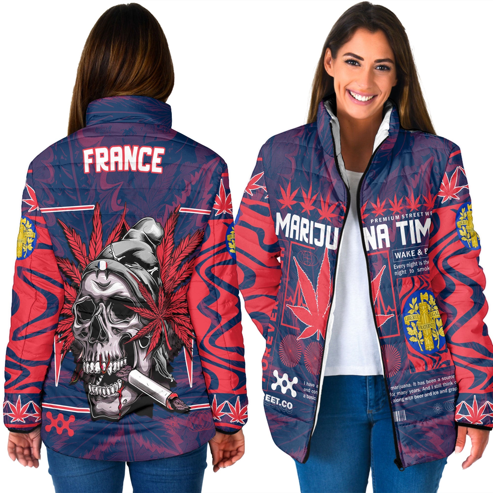 France Women Padded Jacket Flag & Coat Of Arms Marijuanas Style