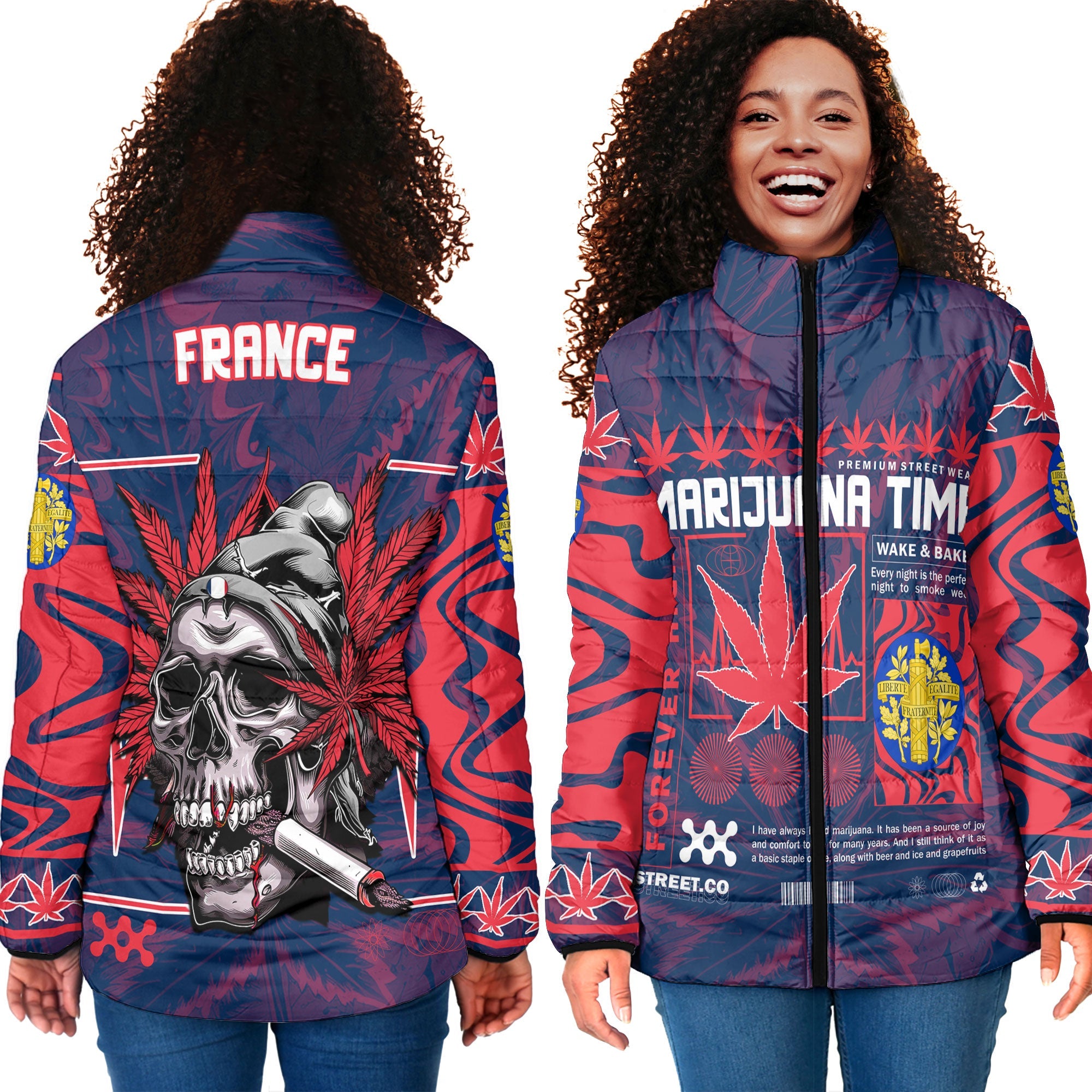 France Women Padded Jacket Flag & Coat Of Arms Marijuanas Style