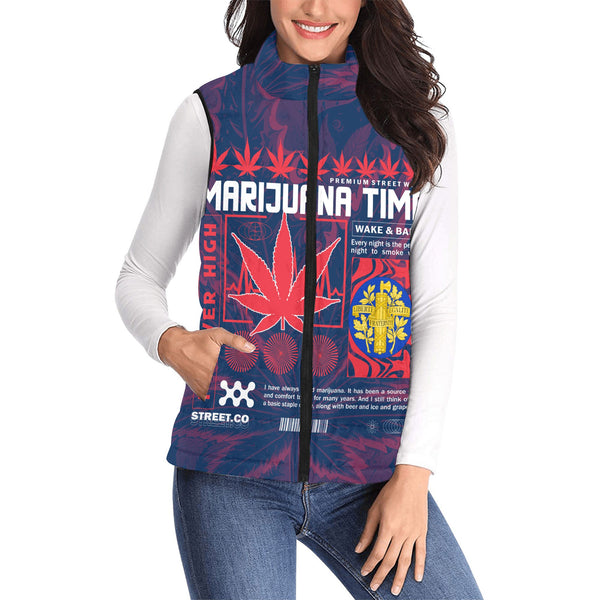 France Women Padded Jacket Vest Flag & Coat Of Arms Marijuanas Style