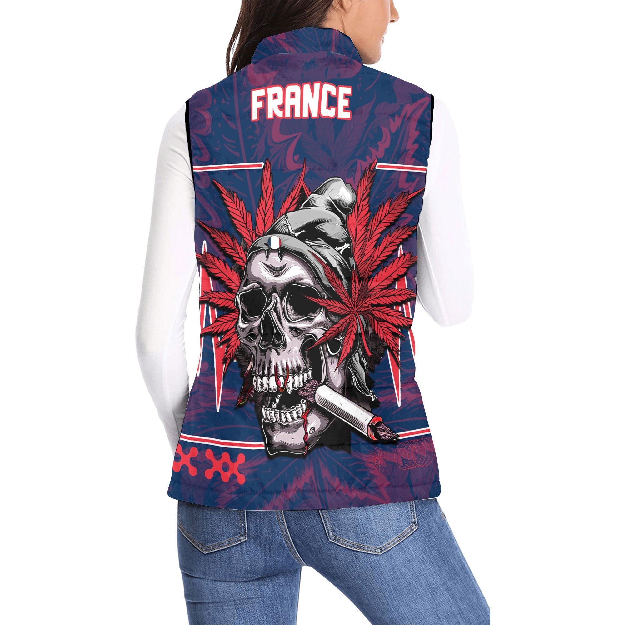 France Women Padded Jacket Vest Flag & Coat Of Arms Marijuanas Style