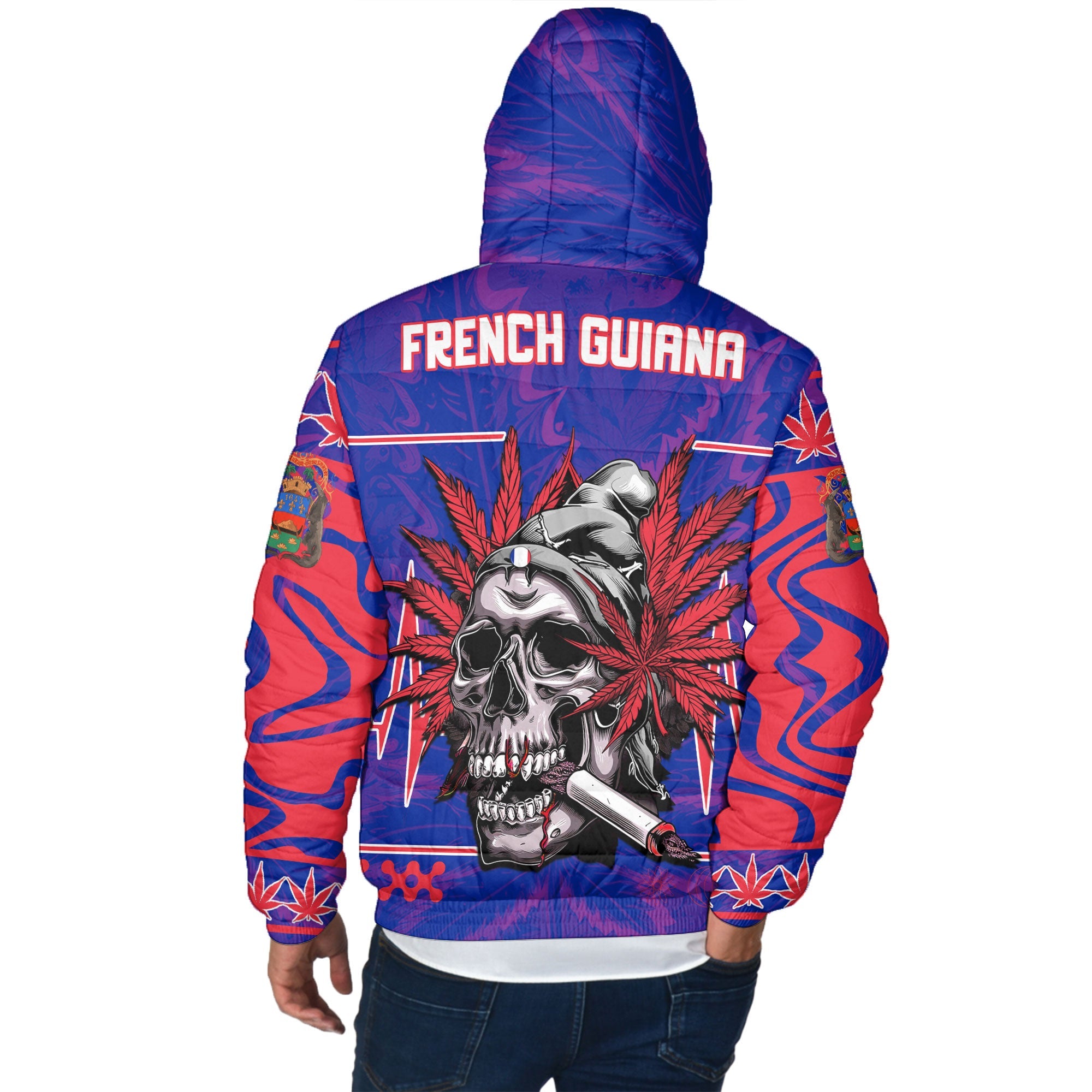 French Guiana Men Hooded Padded Jacket Flag & Coat Of Arms Marijuanas Style