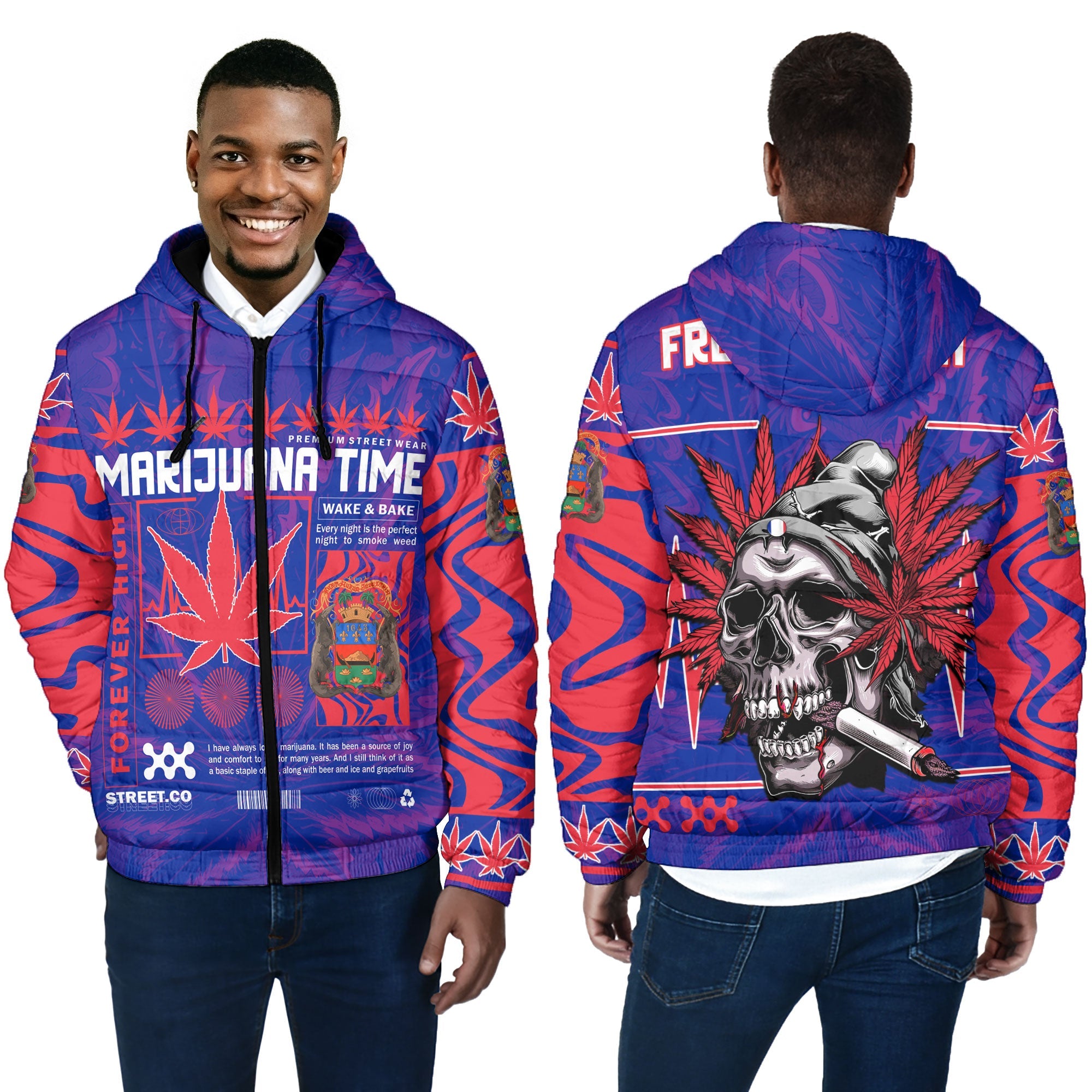 French Guiana Men Hooded Padded Jacket Flag & Coat Of Arms Marijuanas Style