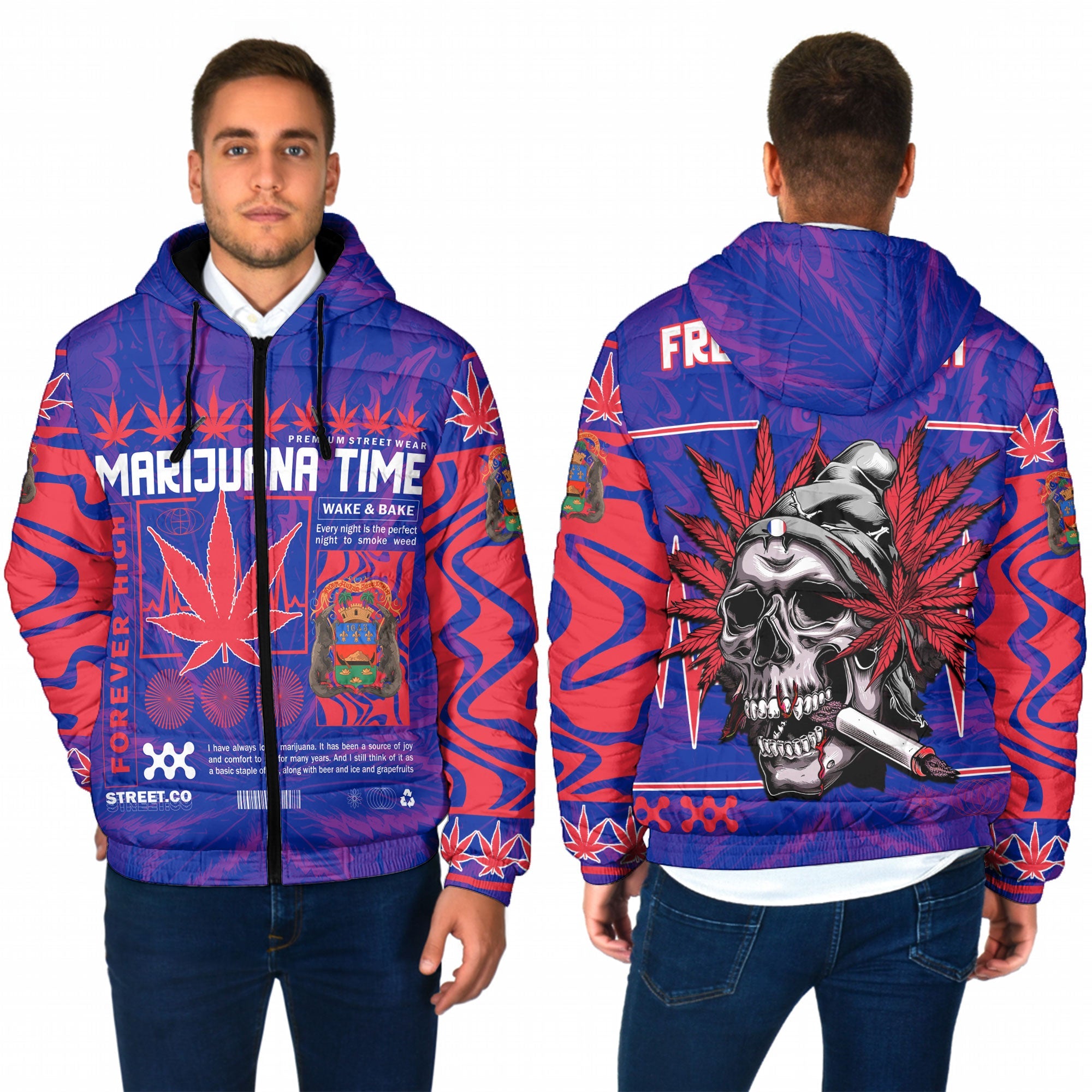 French Guiana Men Hooded Padded Jacket Flag & Coat Of Arms Marijuanas Style