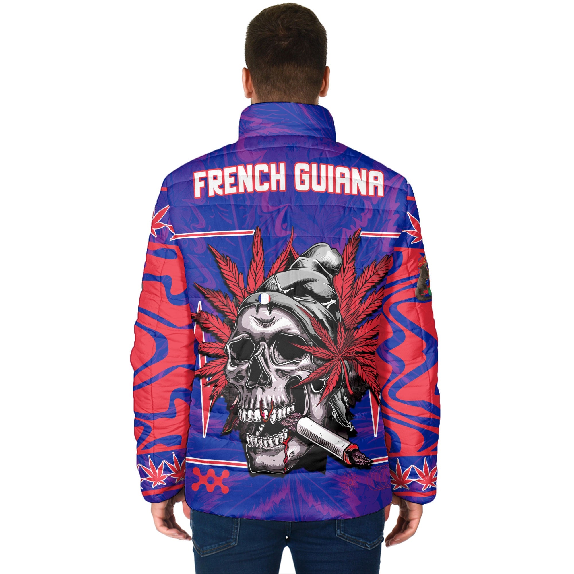 French Guiana Men Padded Jacket Flag & Coat Of Arms Marijuanas Style