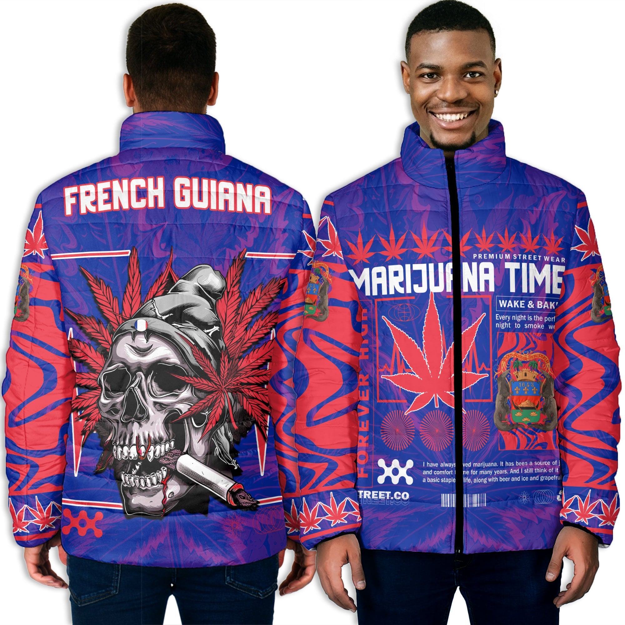 French Guiana Men Padded Jacket Flag & Coat Of Arms Marijuanas Style